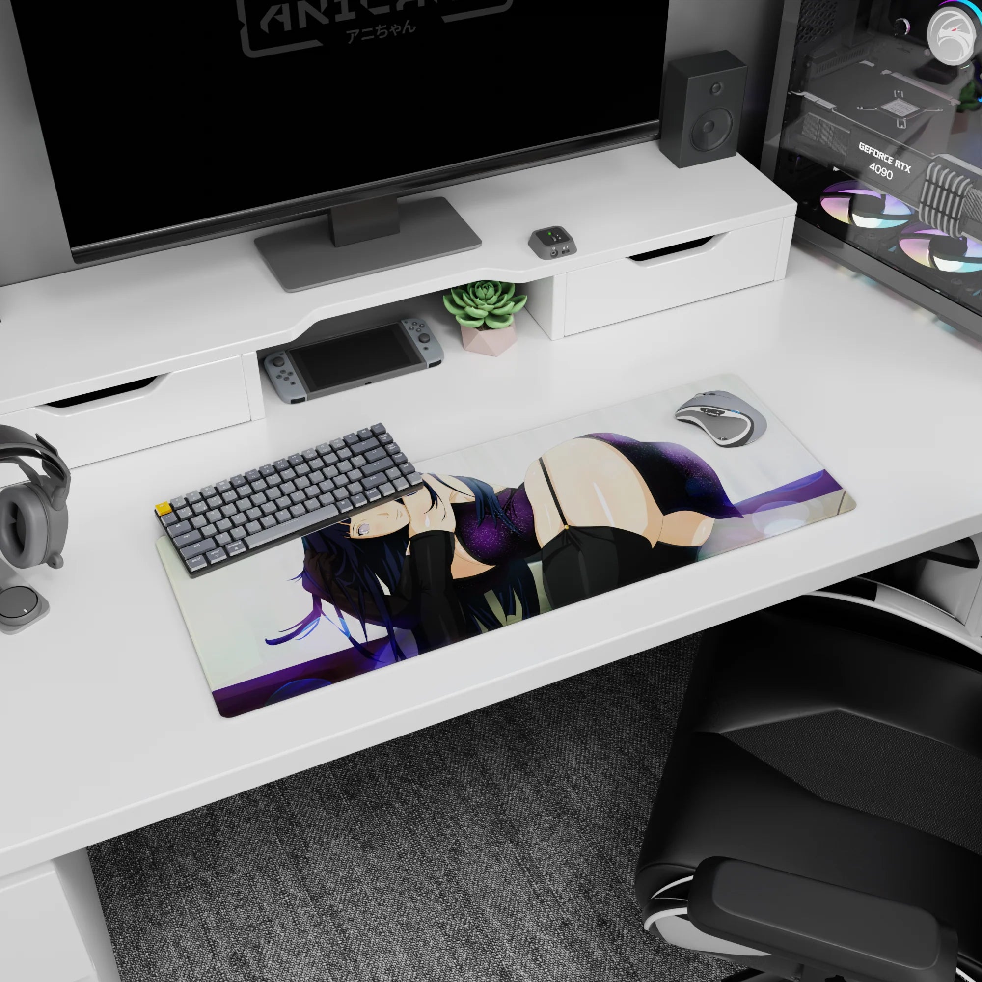 32x12 inches anime mouse pad showing a shy dark-haired girl lounging on a soft white bokeh backdrop.