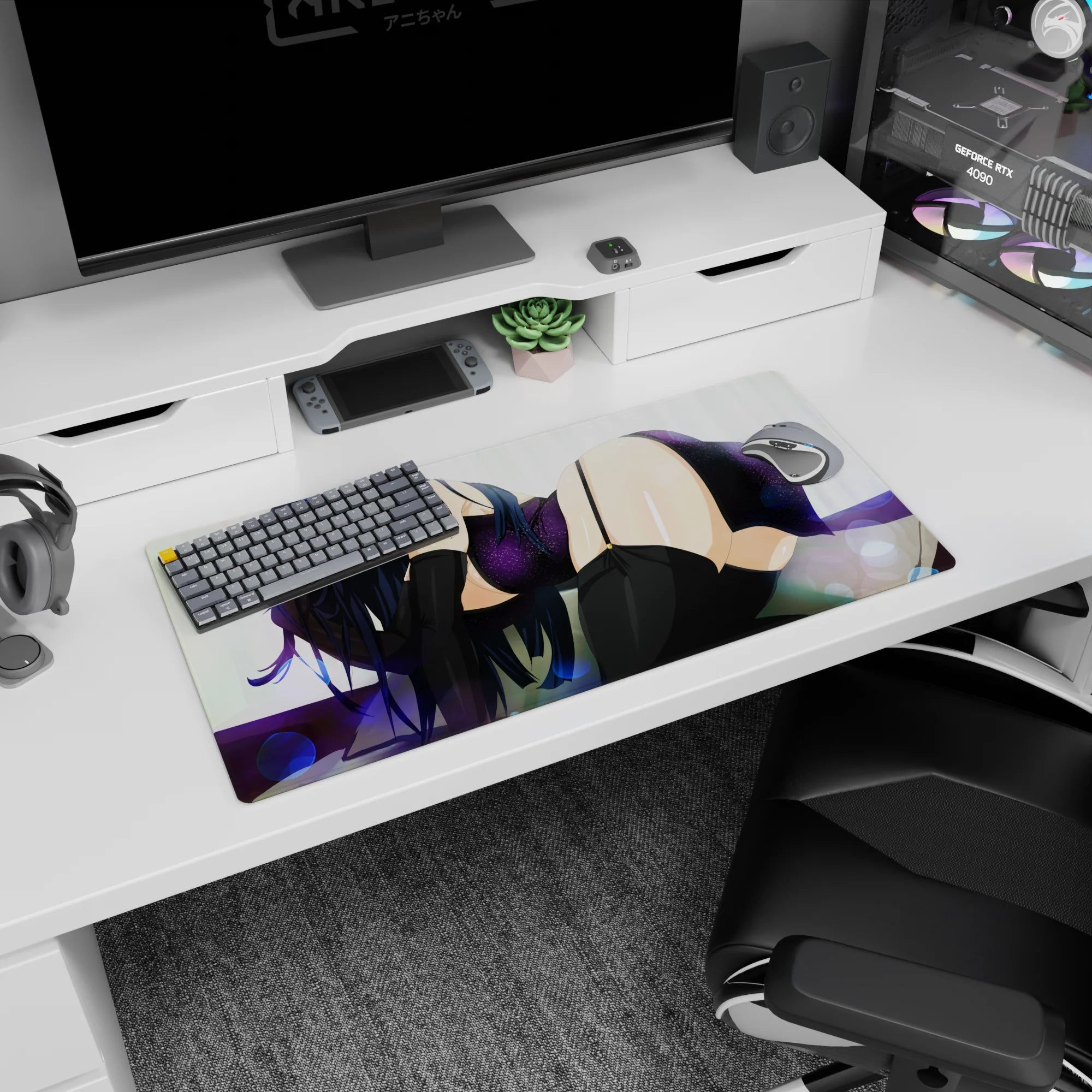 32x16 inches anime desk mat showing a shy dark-haired girl lounging on a white backdrop in thigh highs.