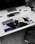 32x16 inches anime desk mat showing a shy dark-haired girl lounging on a white backdrop in thigh highs.