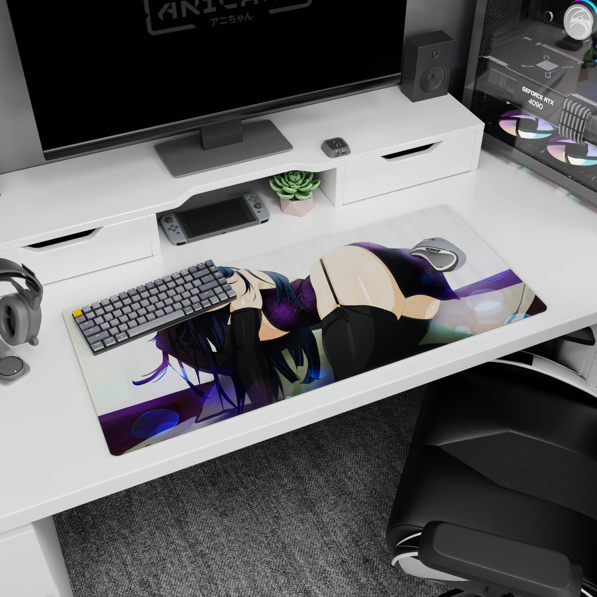 36x16 inches desk pad showing shy dark-haired anime girl lounging on a soft white bokeh backdrop.