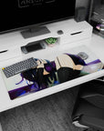 36x16 inches desk pad showing shy dark-haired anime girl lounging on a soft white bokeh backdrop.