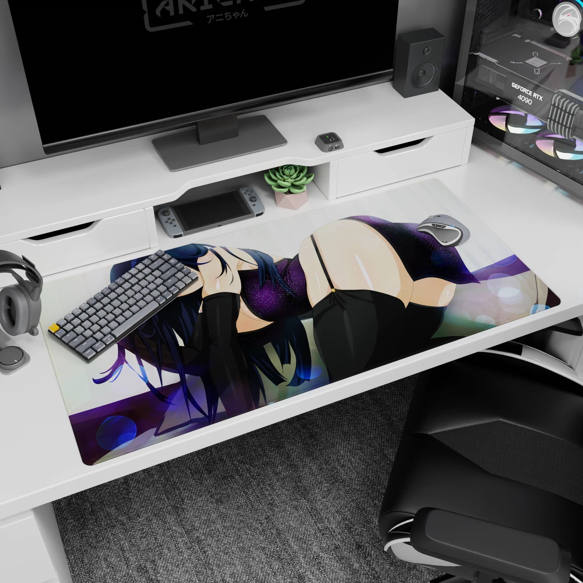 40x20 inches anime desk mat showing a shy smiling girl lounging, glossy hair, thigh highs, sparkles.