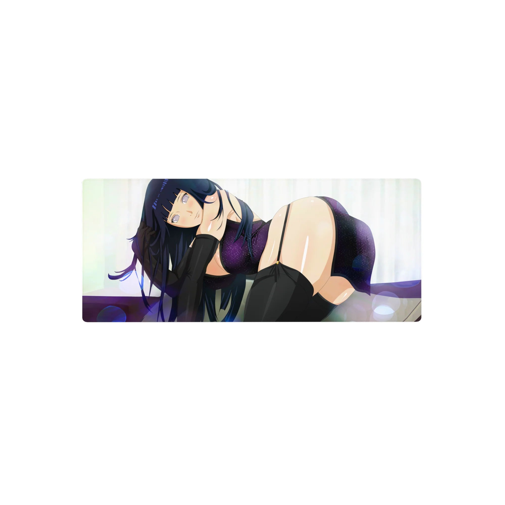 28x12 inches anime girl mouse pad with dark-haired beauty, violet sparkle wrap, and black thigh highs.