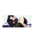 28x12 inches anime girl mouse pad with dark-haired beauty, violet sparkle wrap, and black thigh highs.