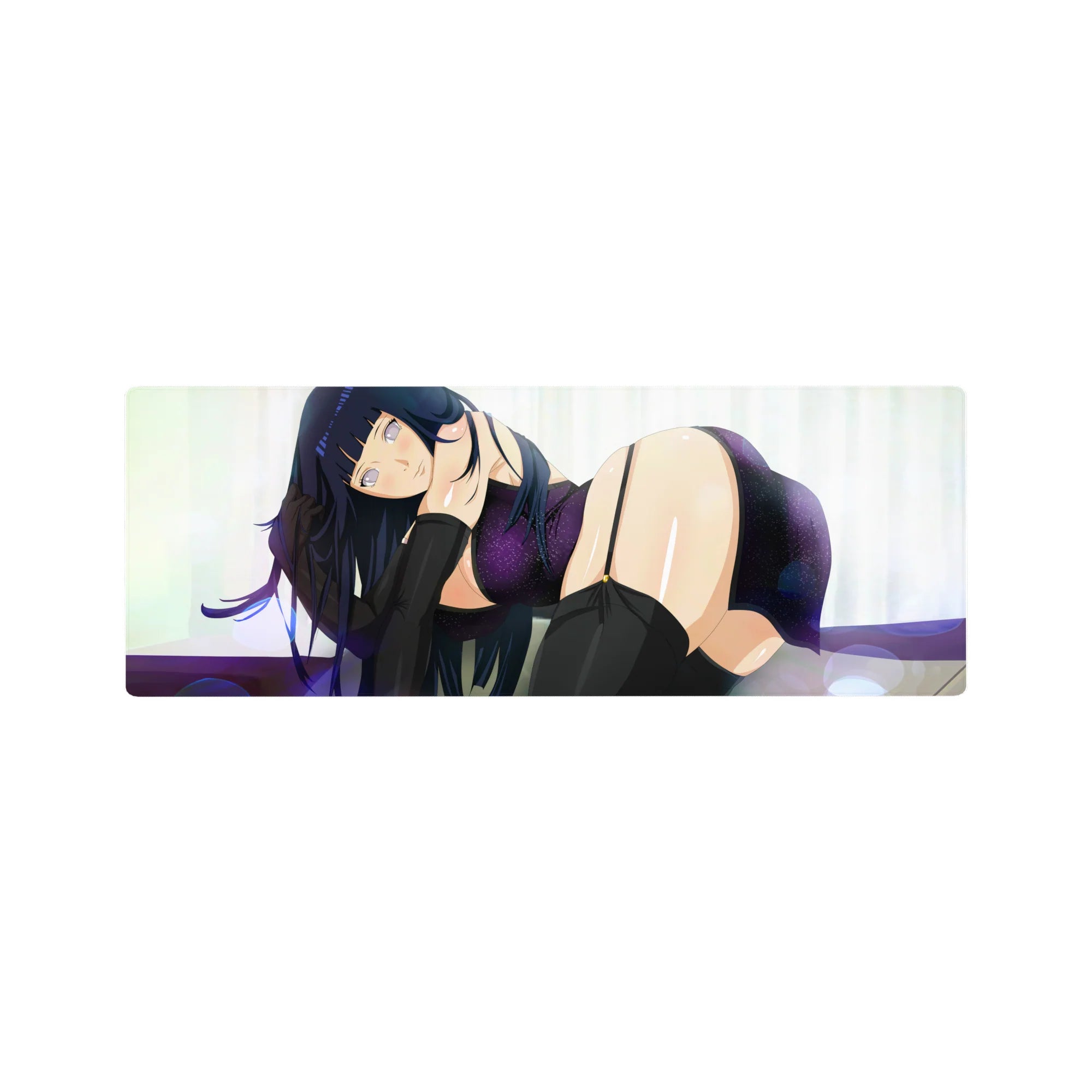 32x12 inches anime girl mouse pad with dark-haired beauty in violet sparkle wrap and thigh highs.