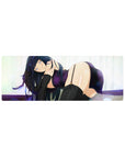 32x12 inches anime girl mouse pad with dark-haired beauty in violet sparkle wrap and thigh highs.