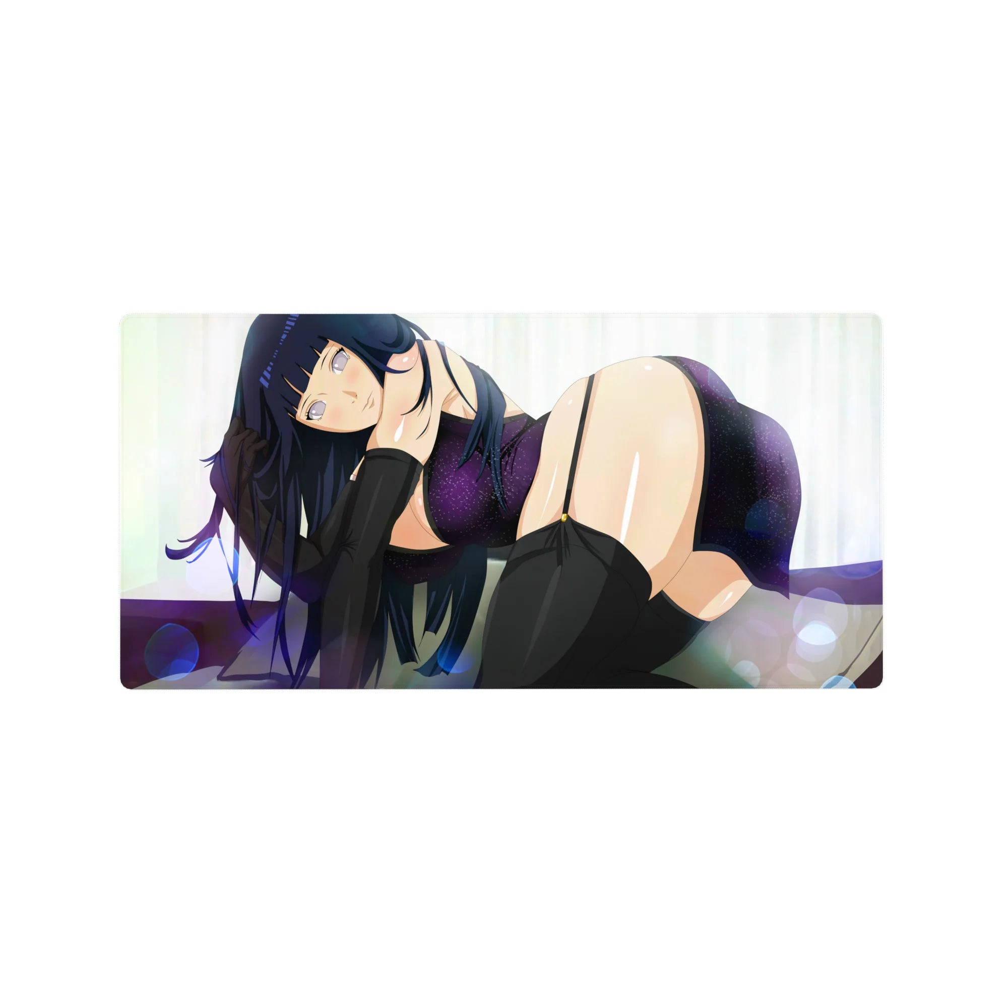 32x16 inches anime girl mouse pad with dark-haired beauty, violet sparkle wrap, and black thigh highs.
