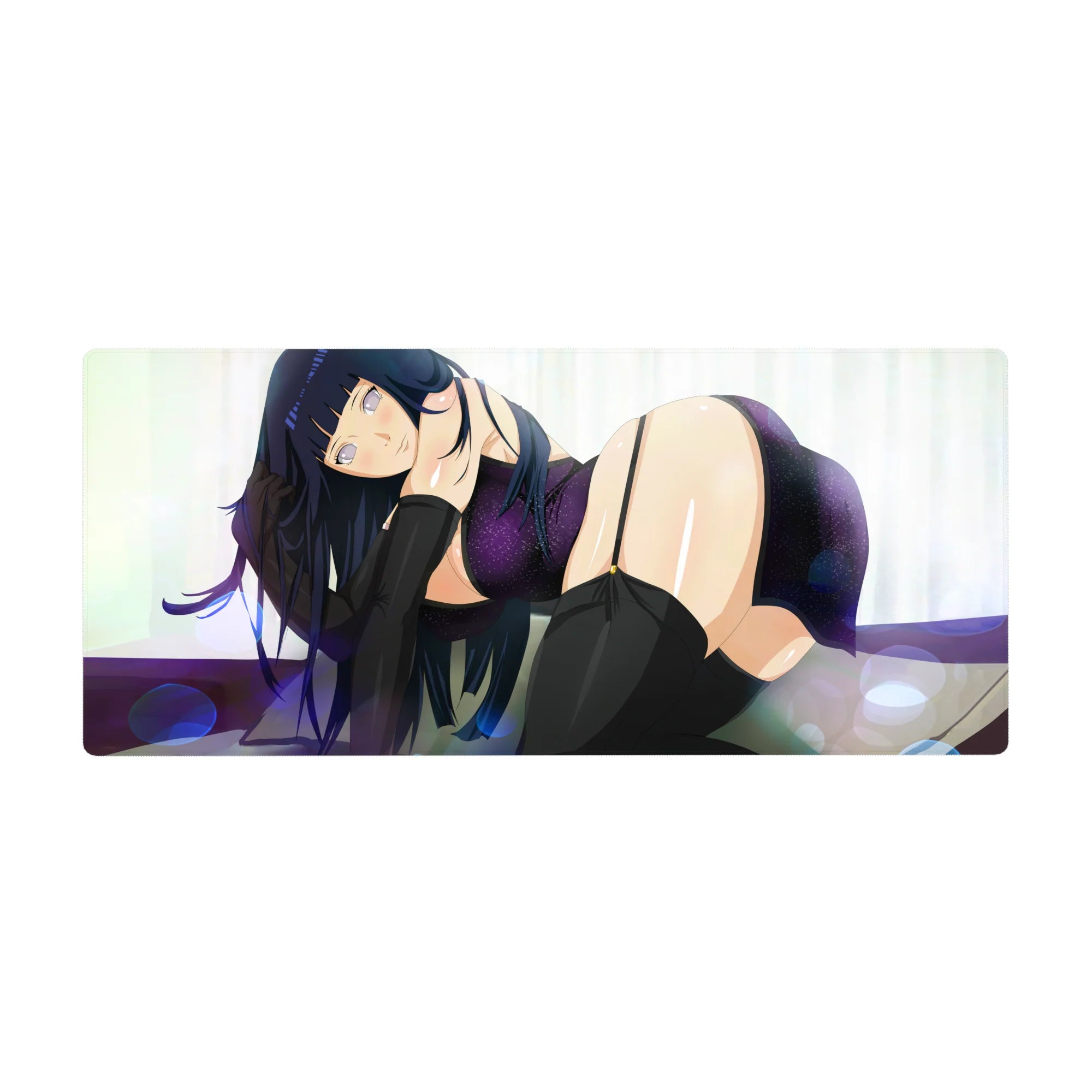 36x16 inches anime girl desk pad with dark-haired beauty in violet sparkle wrap and black thigh highs.