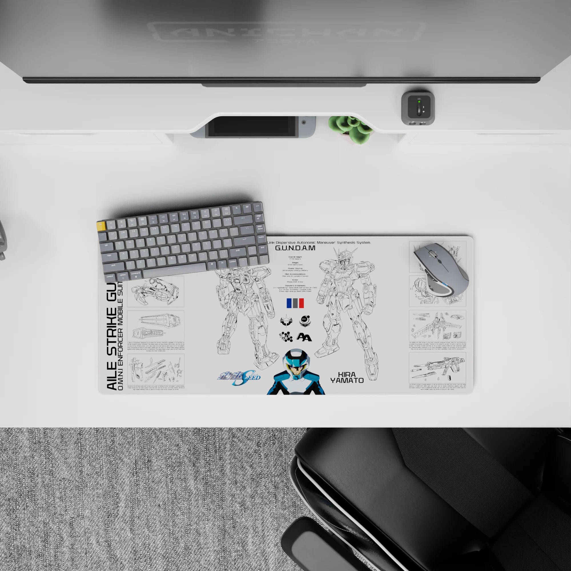 28x12 inches anime mouse pad in crisp black lines with cool blue-white accents, secret hangar vibe.