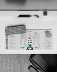 28x12 inches anime mouse pad in crisp black lines with cool blue-white accents, secret hangar vibe.