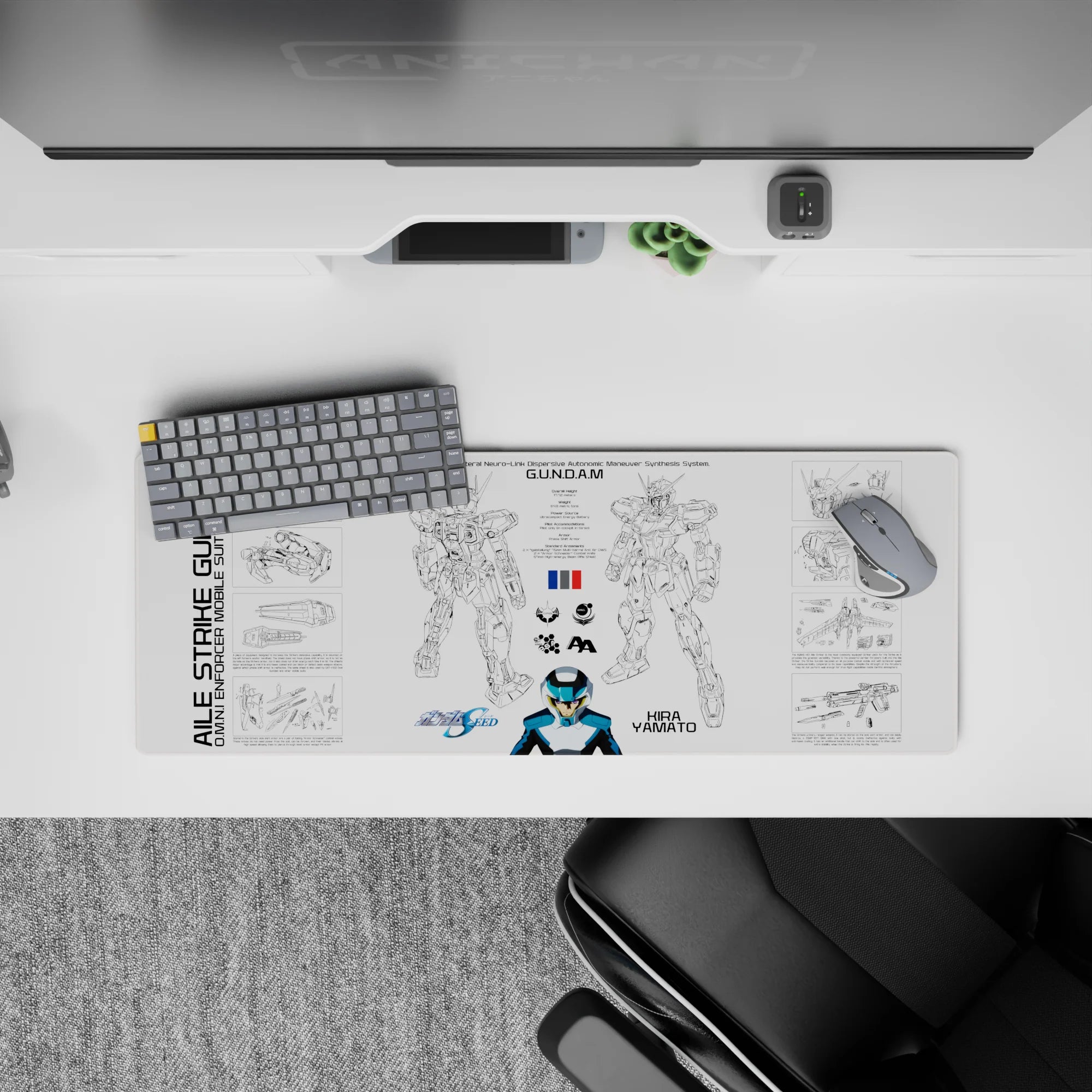 32x12 inches anime mouse pad in black line art with cool blue and white accents, sci-fi hangar vibe.