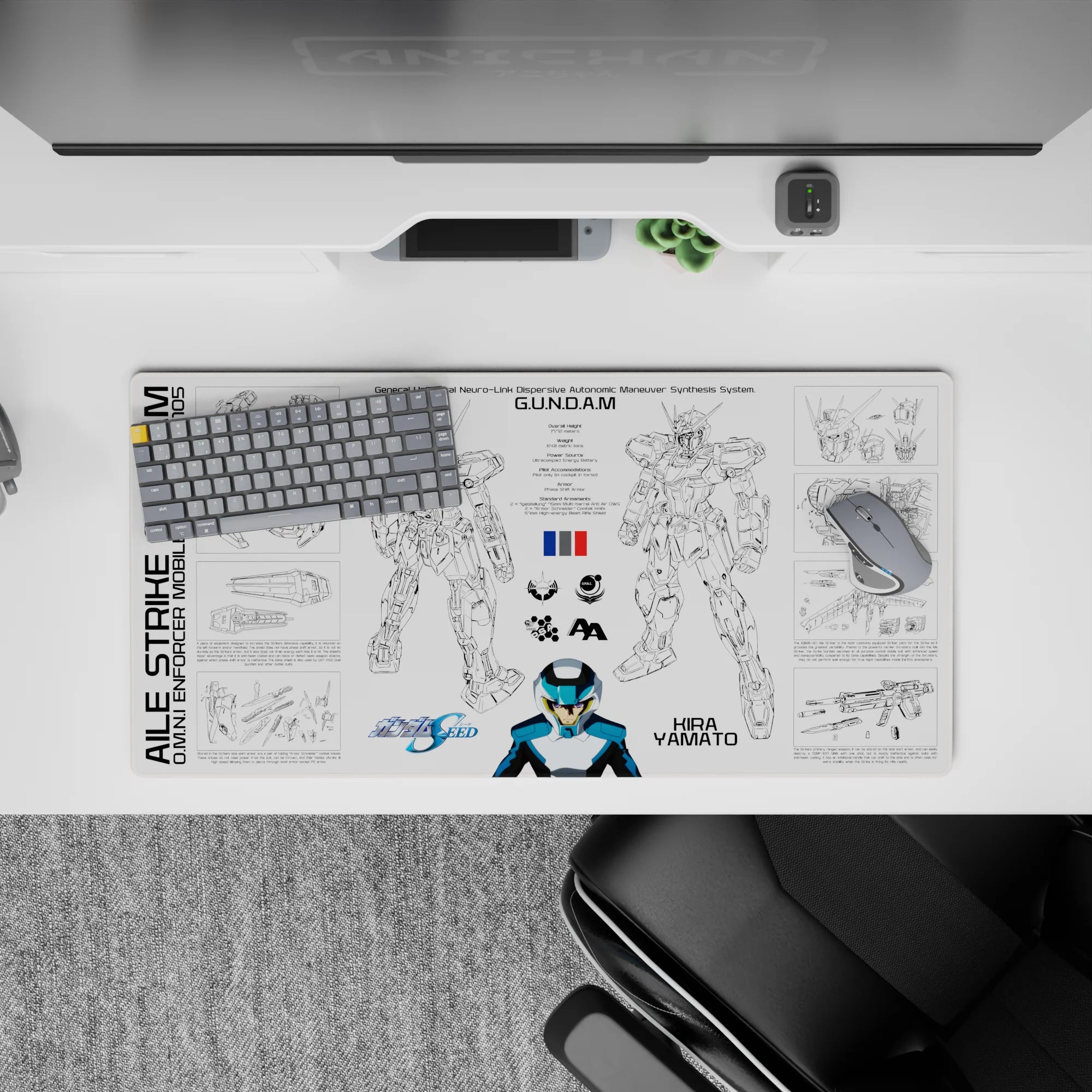 32x16 inches anime mouse pad in crisp black lines with cool blue-white accents, sleek hangar blueprint vibe.