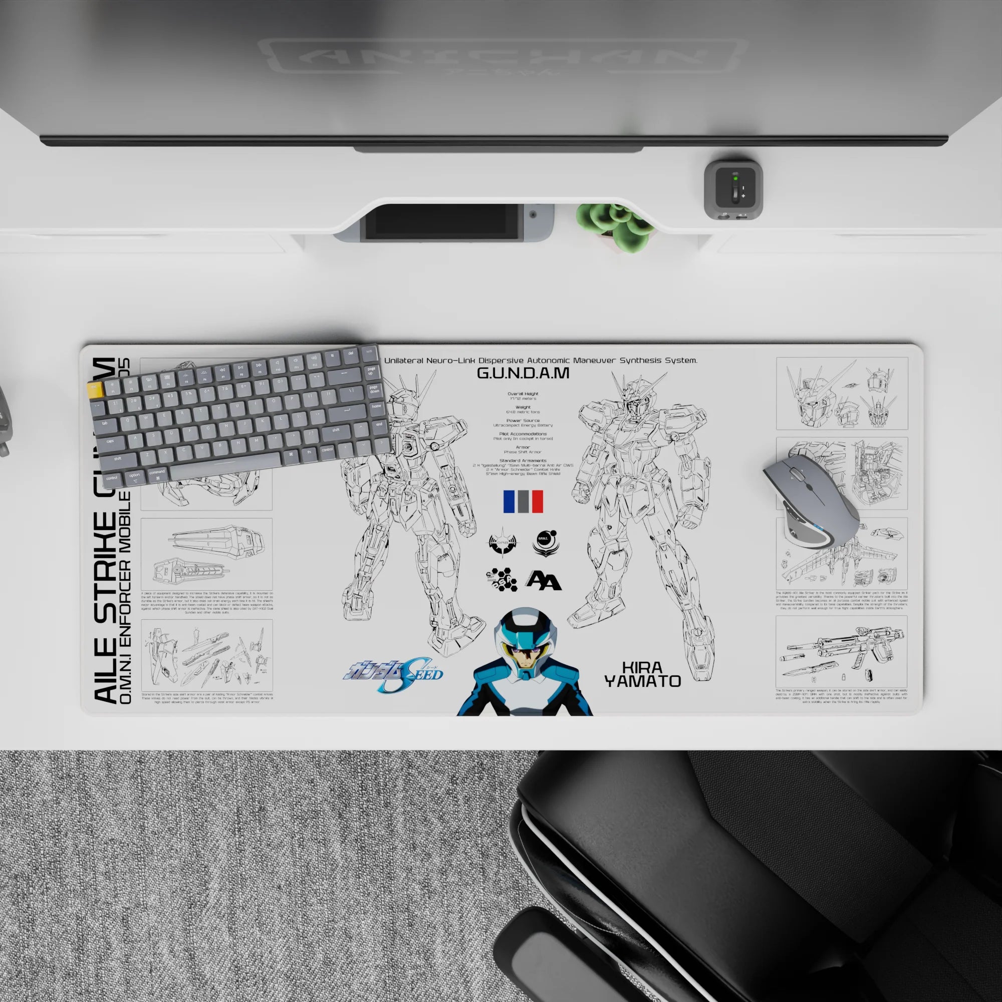 Blue and white sci-fi hangar vibe desk pad with crisp black linework, 36x16 inches.