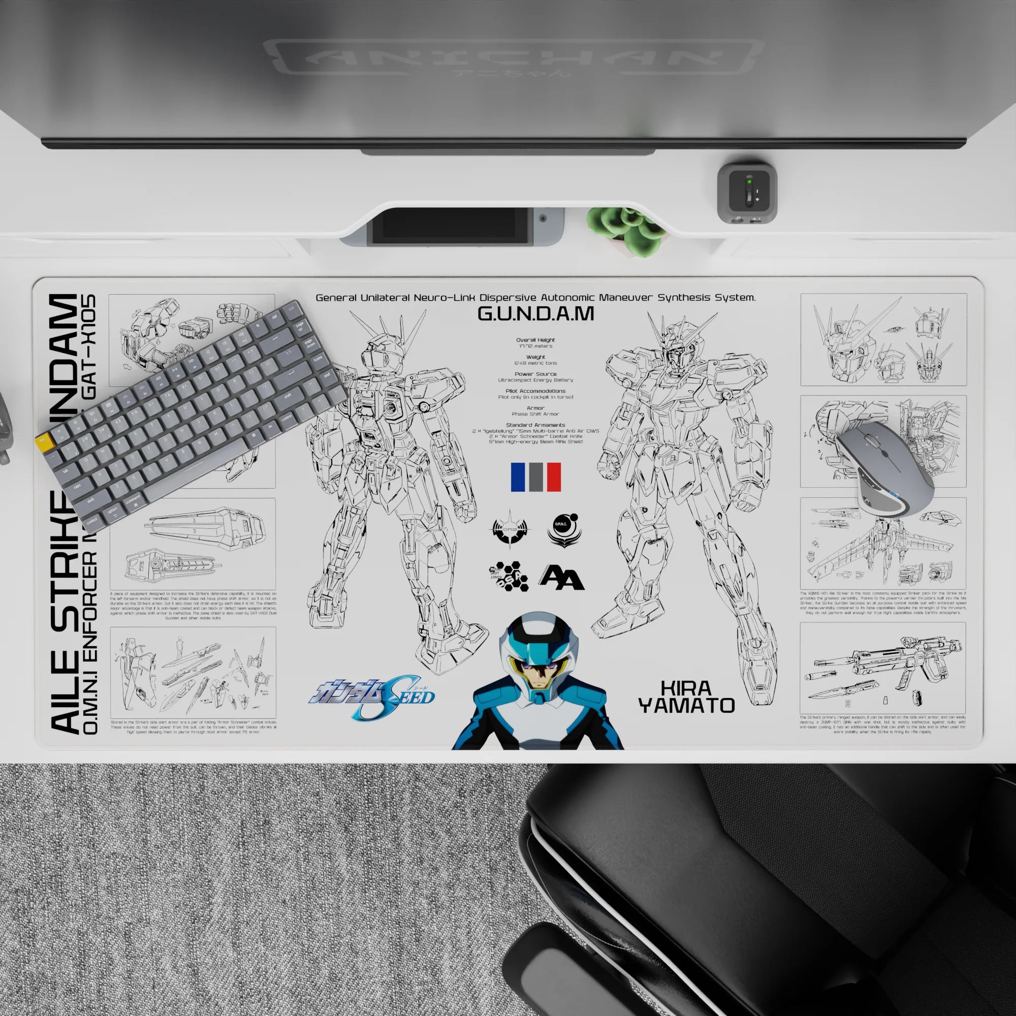 Black linework with cool blue-white pilot vibe, sci-fi blueprint anime desk pad 40x20 inches.