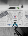 Black linework with cool blue-white pilot vibe, sci-fi blueprint anime desk pad 40x20 inches.