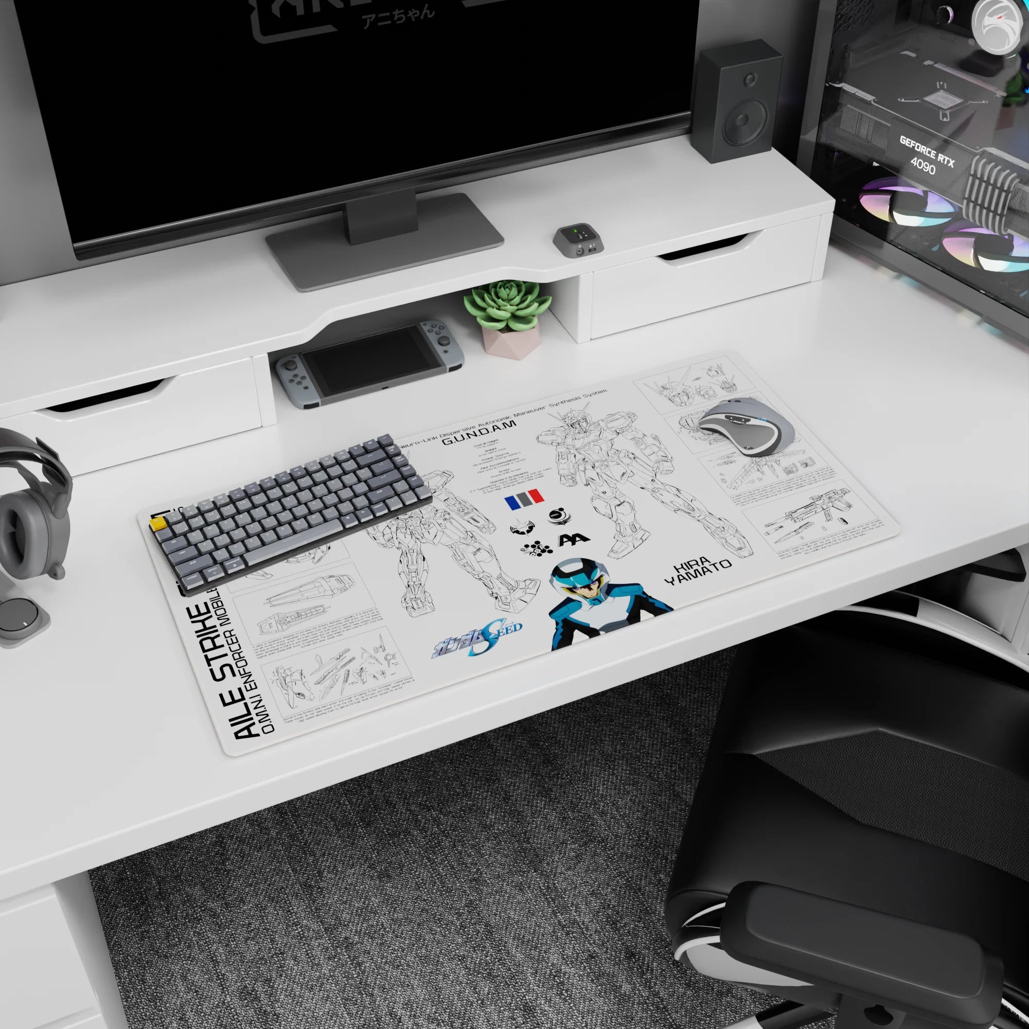 32x16 inches anime mouse pad featuring Kira Yamato below a Strike Gundam schematic with tiny decals.