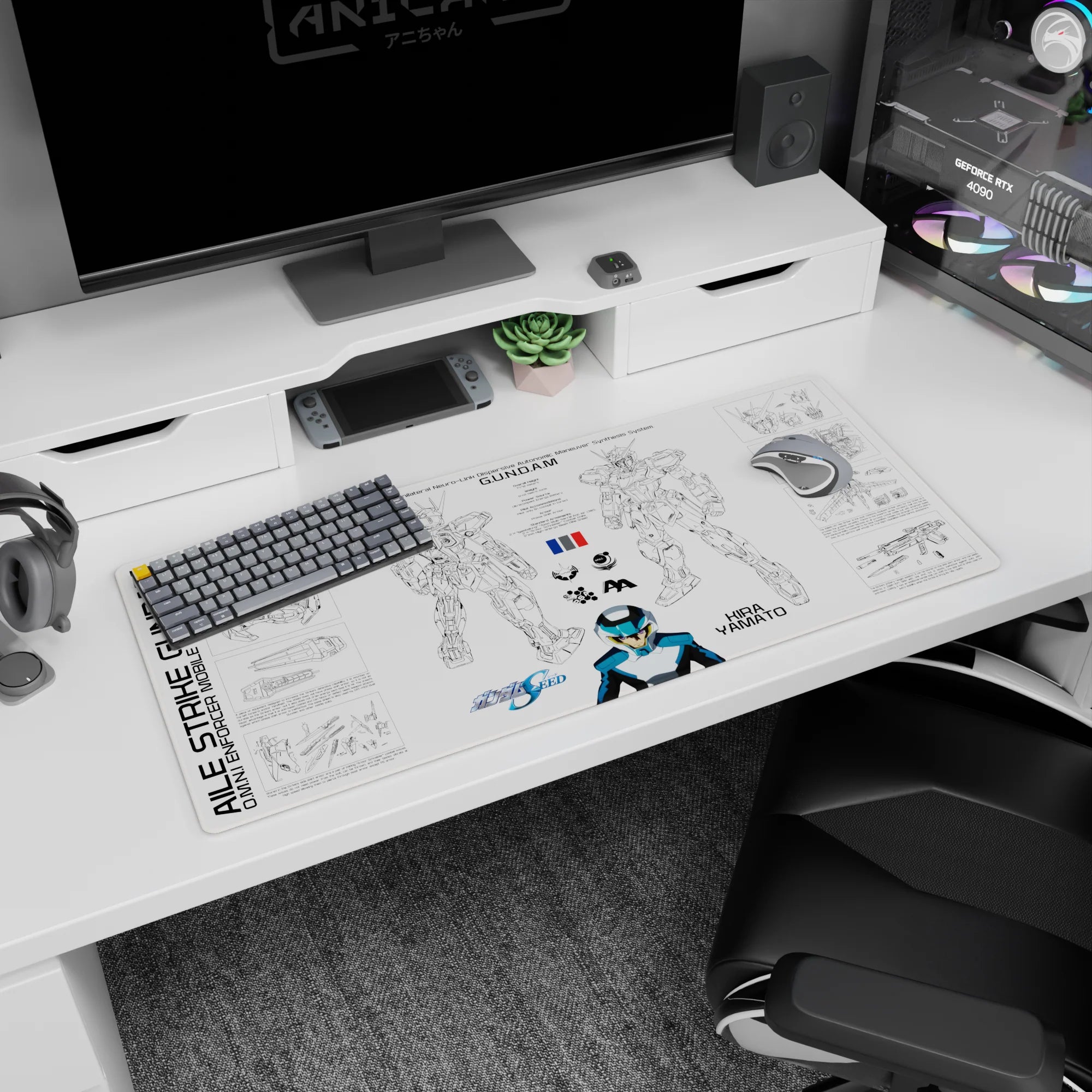 Mobile Suit Gundam SEED desk pad featuring Kira Yamato beneath Strike Gundam layout, 36x16 inches.