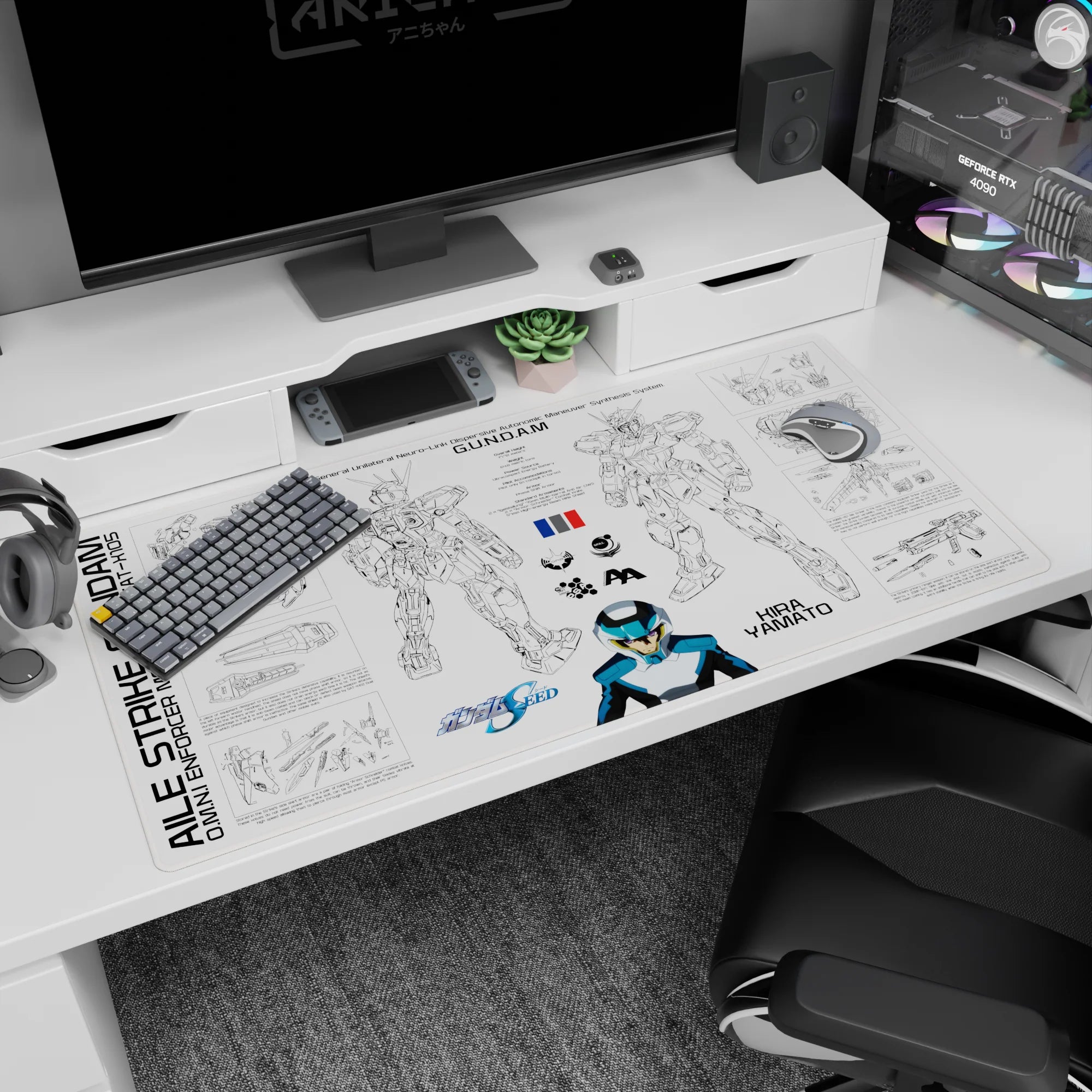 Kira Yamato nameplate with Strike Gundam labeled parts and decals anime desk pad 40x20 inches.
