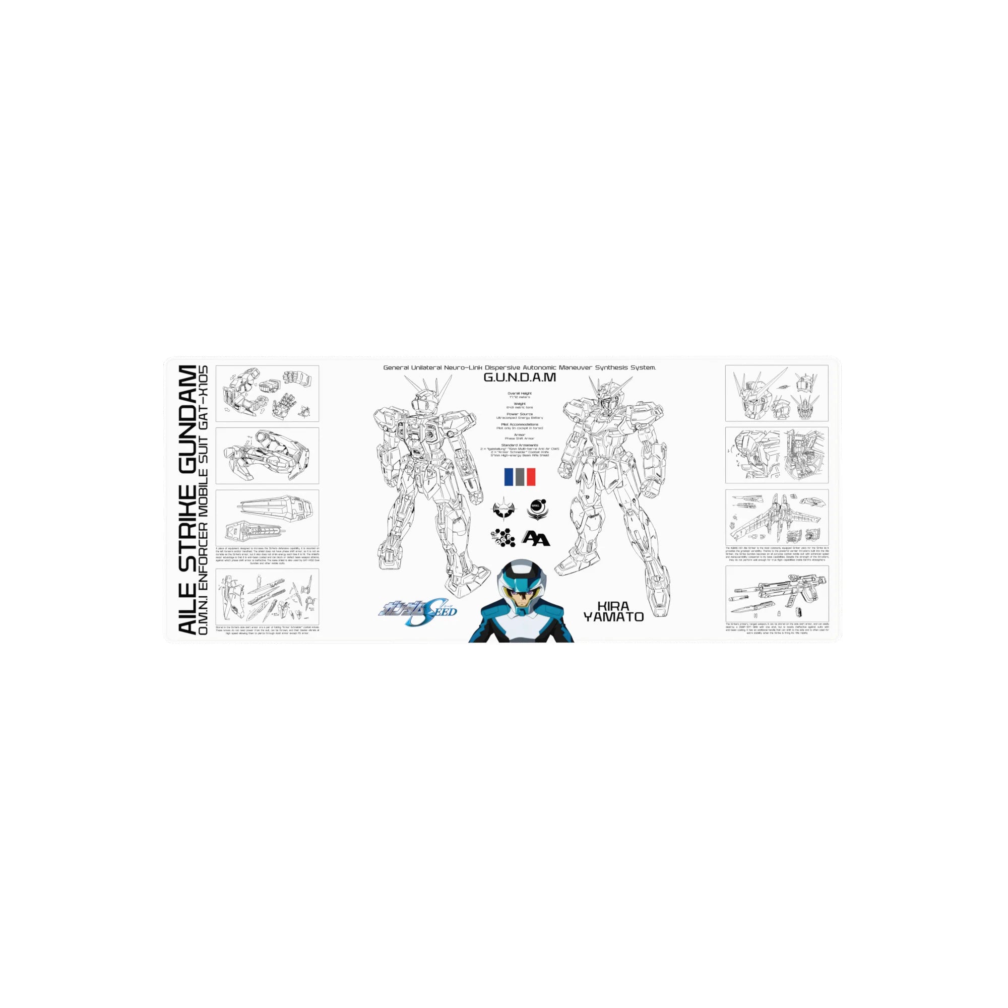 28x12 inches anime mouse pad with Strike Gundam blueprint layout, labeled parts and fine black linework.