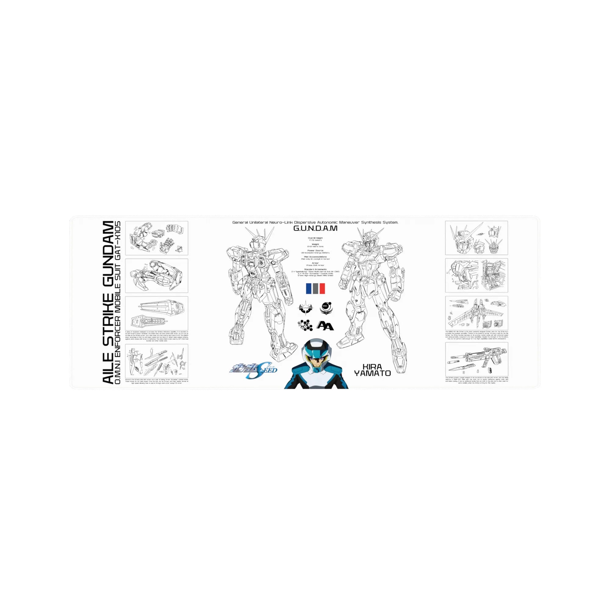 32x12 inches anime mouse pad with Strike Gundam blueprint layout, labeled parts, fine linework and decals.