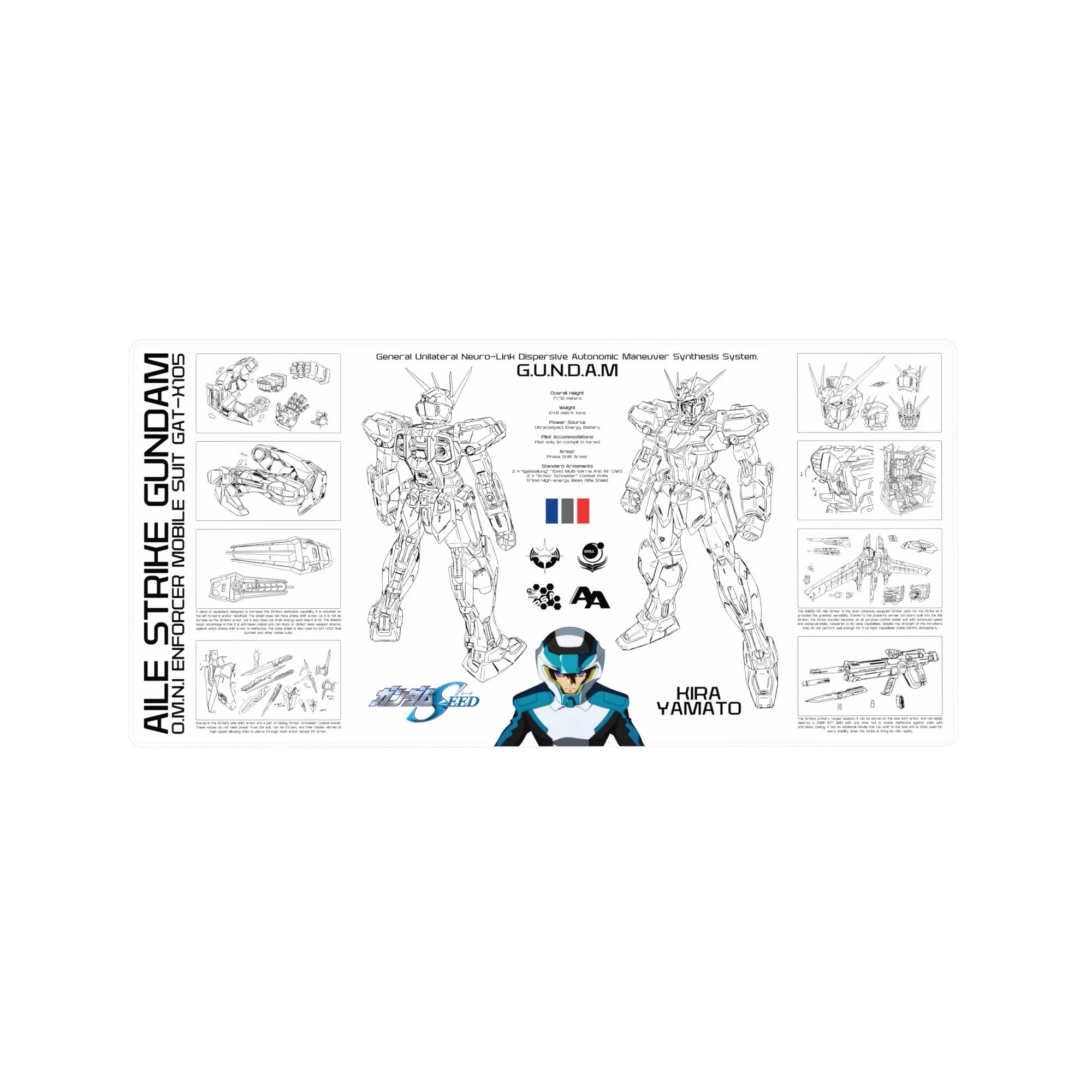 32x16 inches anime mouse pad with blueprint-style Strike Gundam layout, labeled parts and fine linework.