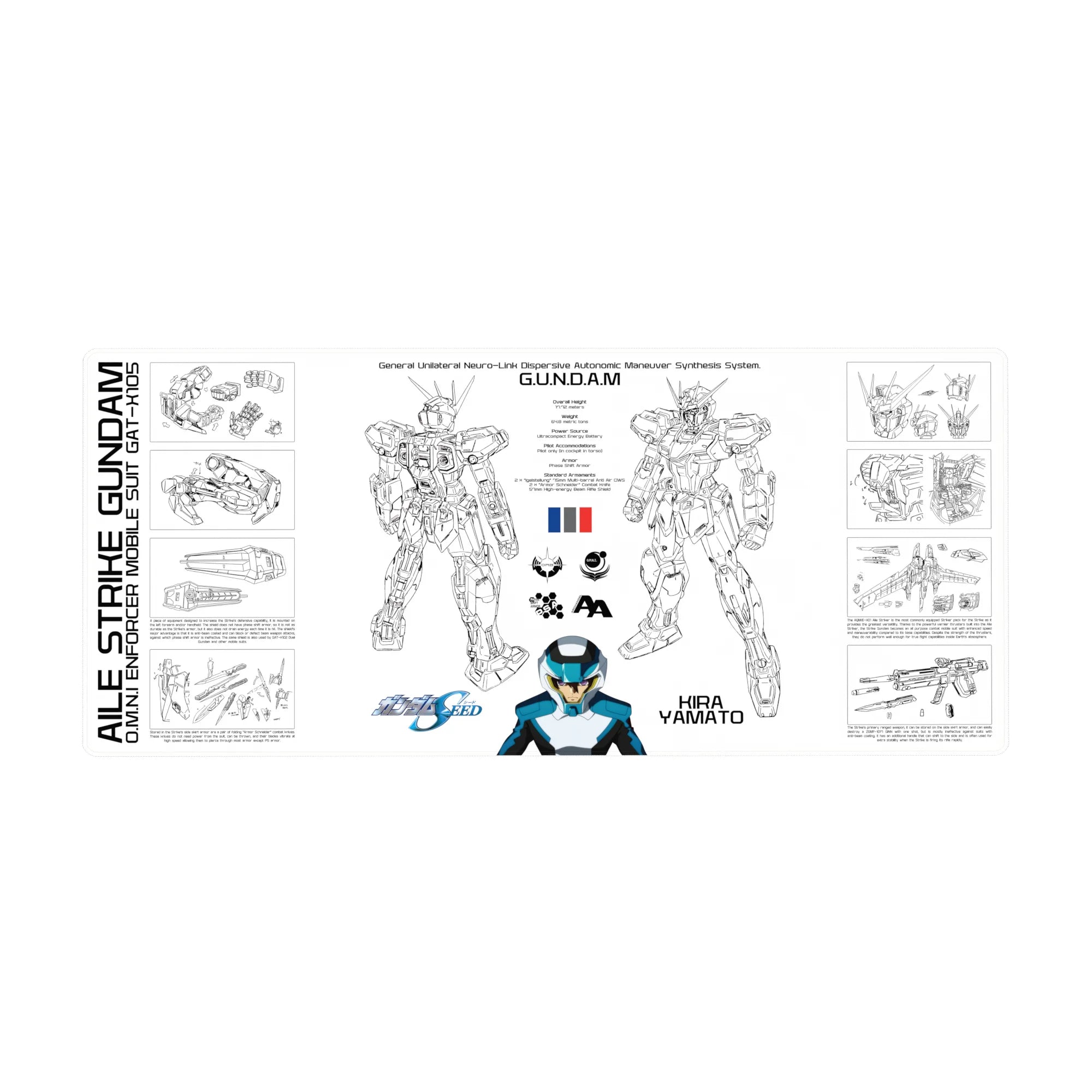 Strike Gundam blueprint-style anime desk pad with labeled parts and decals, 36x16 inches.