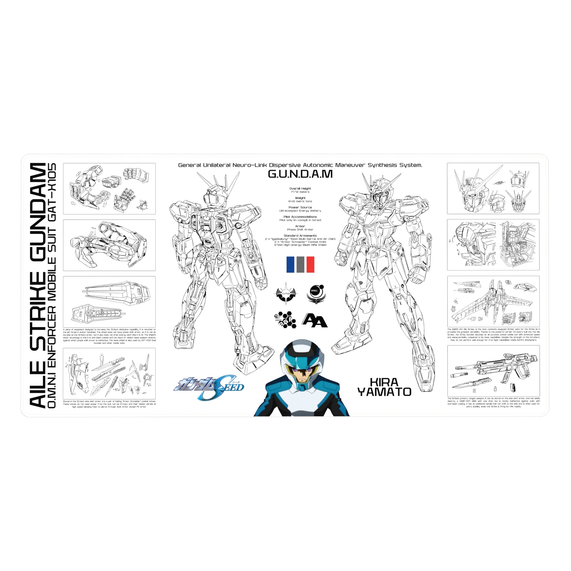 Mobile Suit Gundam SEED Strike Gundam blueprint layout anime desk pad, 40x20 inches.