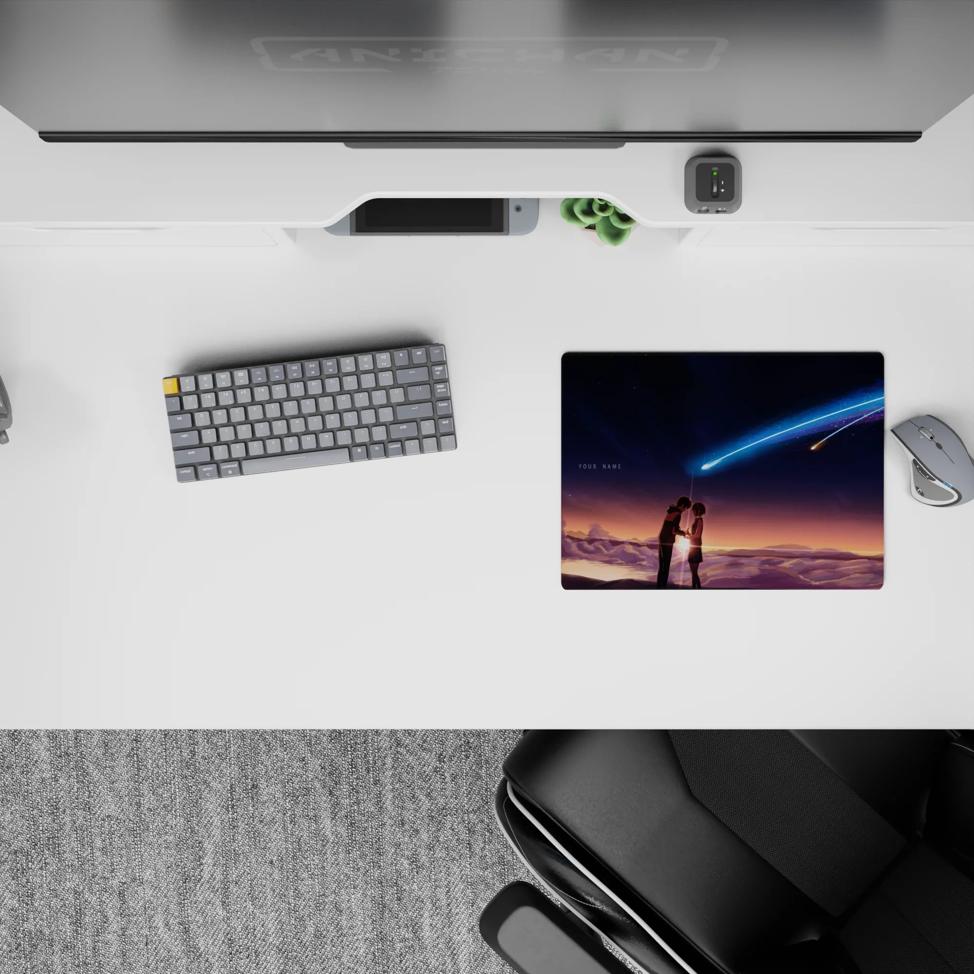Dreamy indigo and sunset gradient anime mouse pad 14x10 inches with neon blue-violet comet glow.