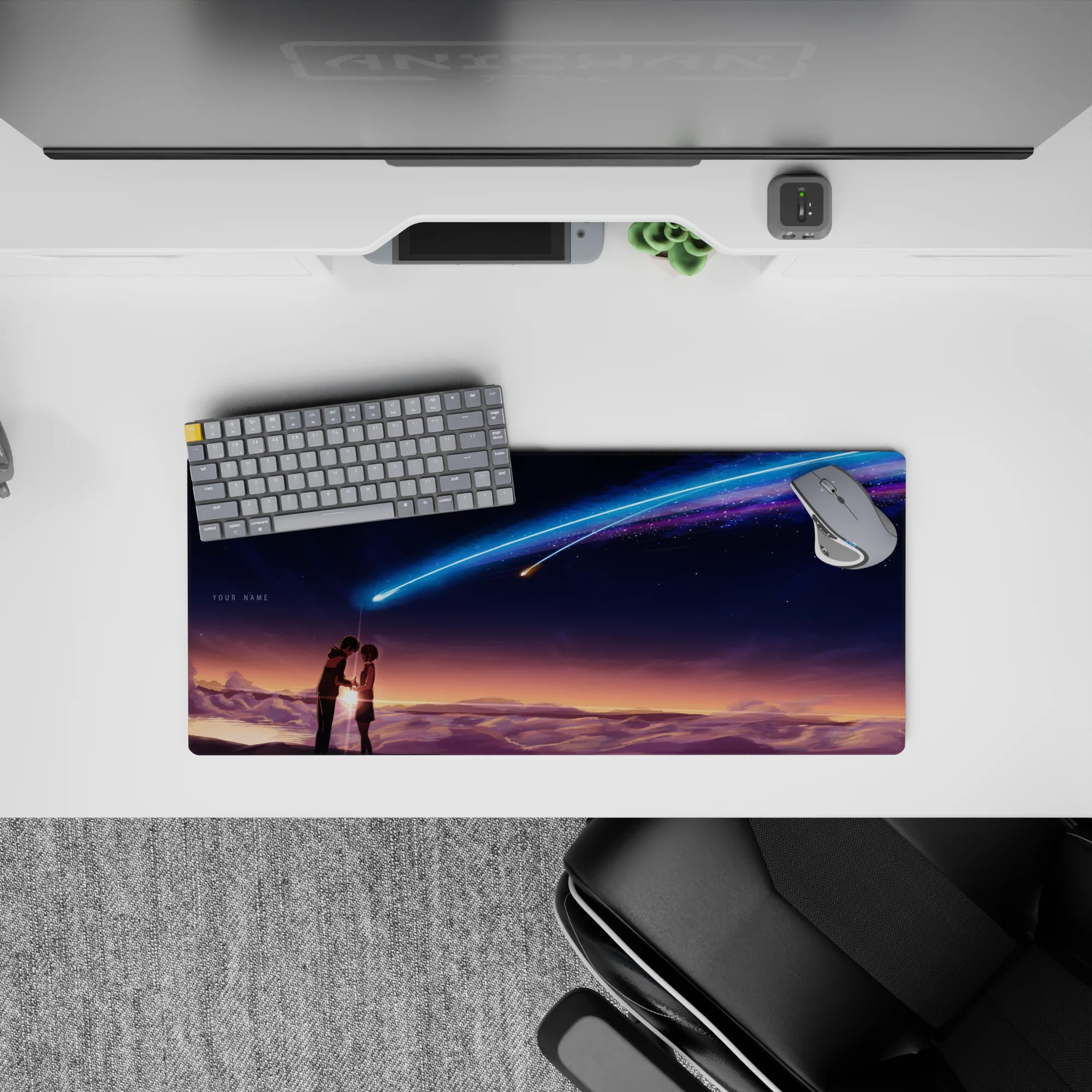 28x12 inches anime mouse pad in dreamy sunset-to-night gradient, soft glow, neon blue-violet comet mood.