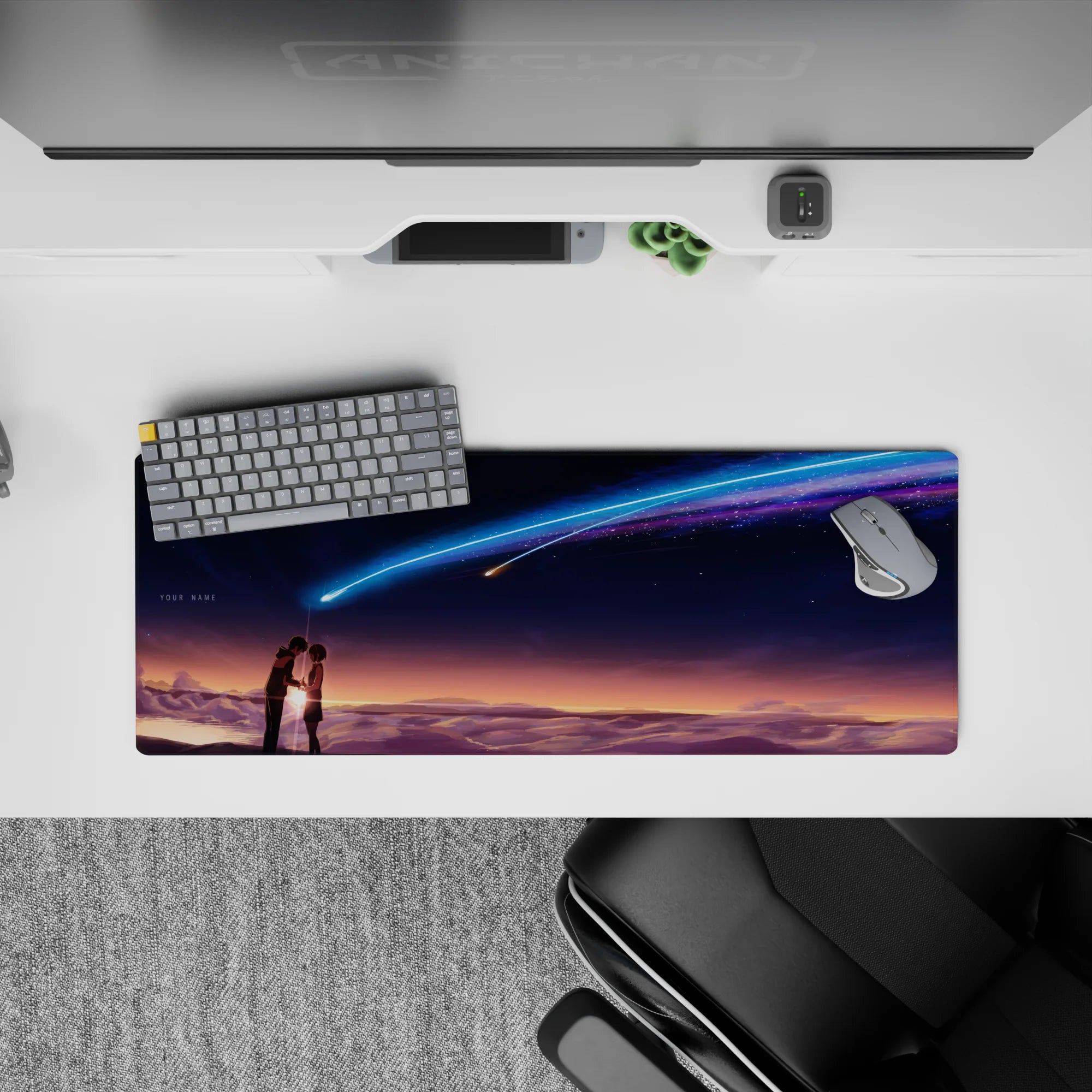 32x12 inches anime mouse pad in deep indigo, blue-violet comet glow, and warm sunset fade for a dreamy mood.