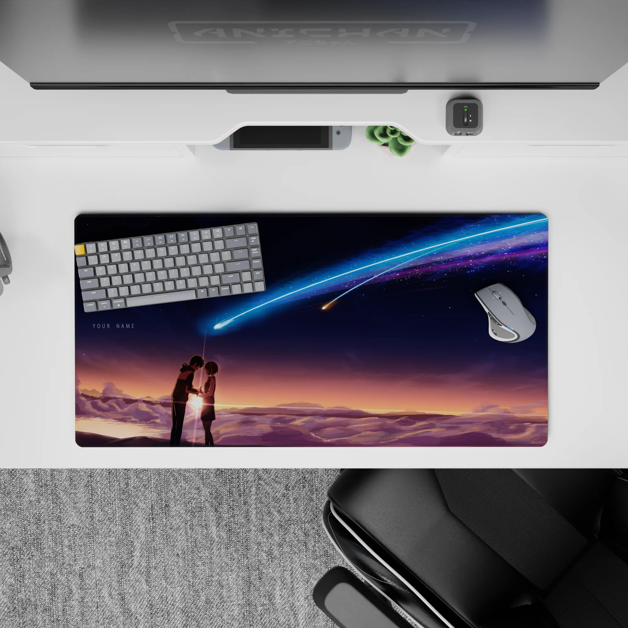 32x16 inches anime mouse pad in dreamy blue-violet glow with warm sunset fade, calm romantic mood.
