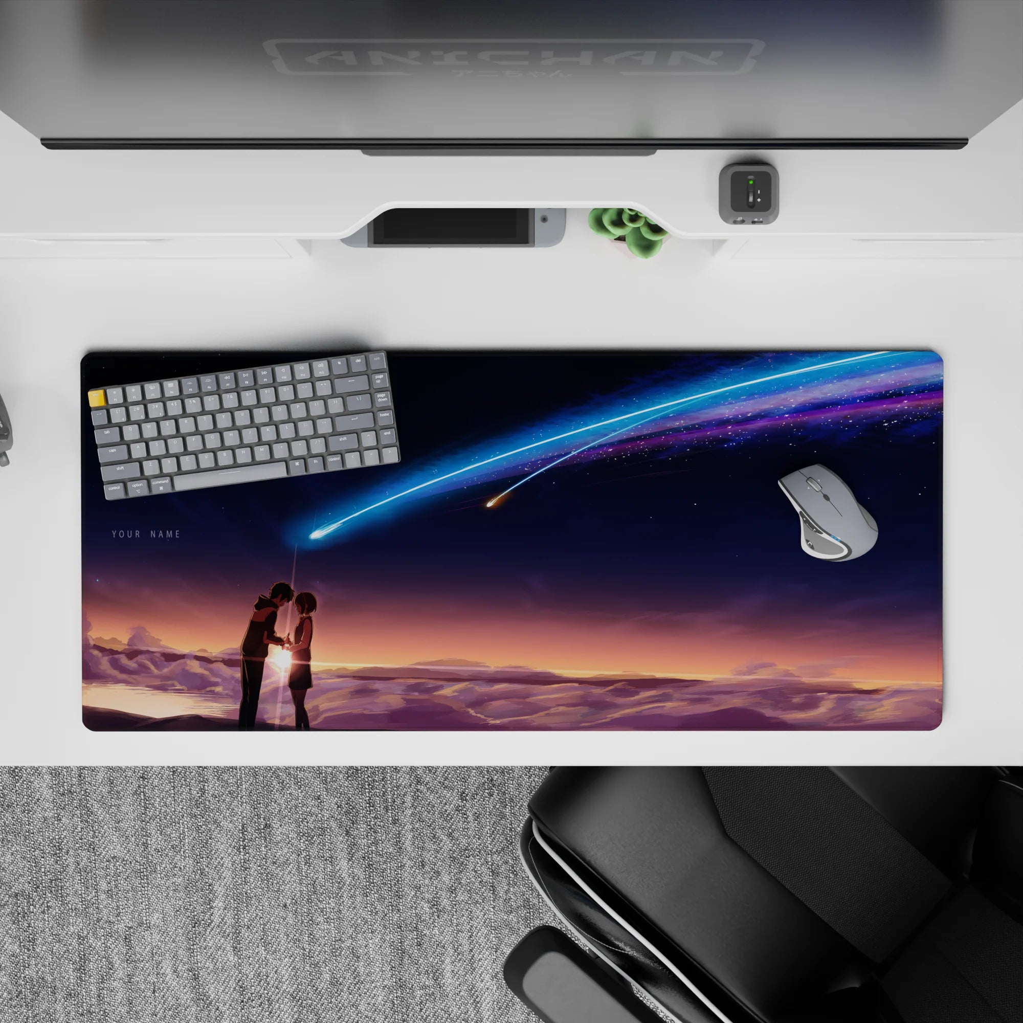 36x16 inches anime desk pad in indigo, neon blue and violet with warm sunset fade, dreamy calm glow.
