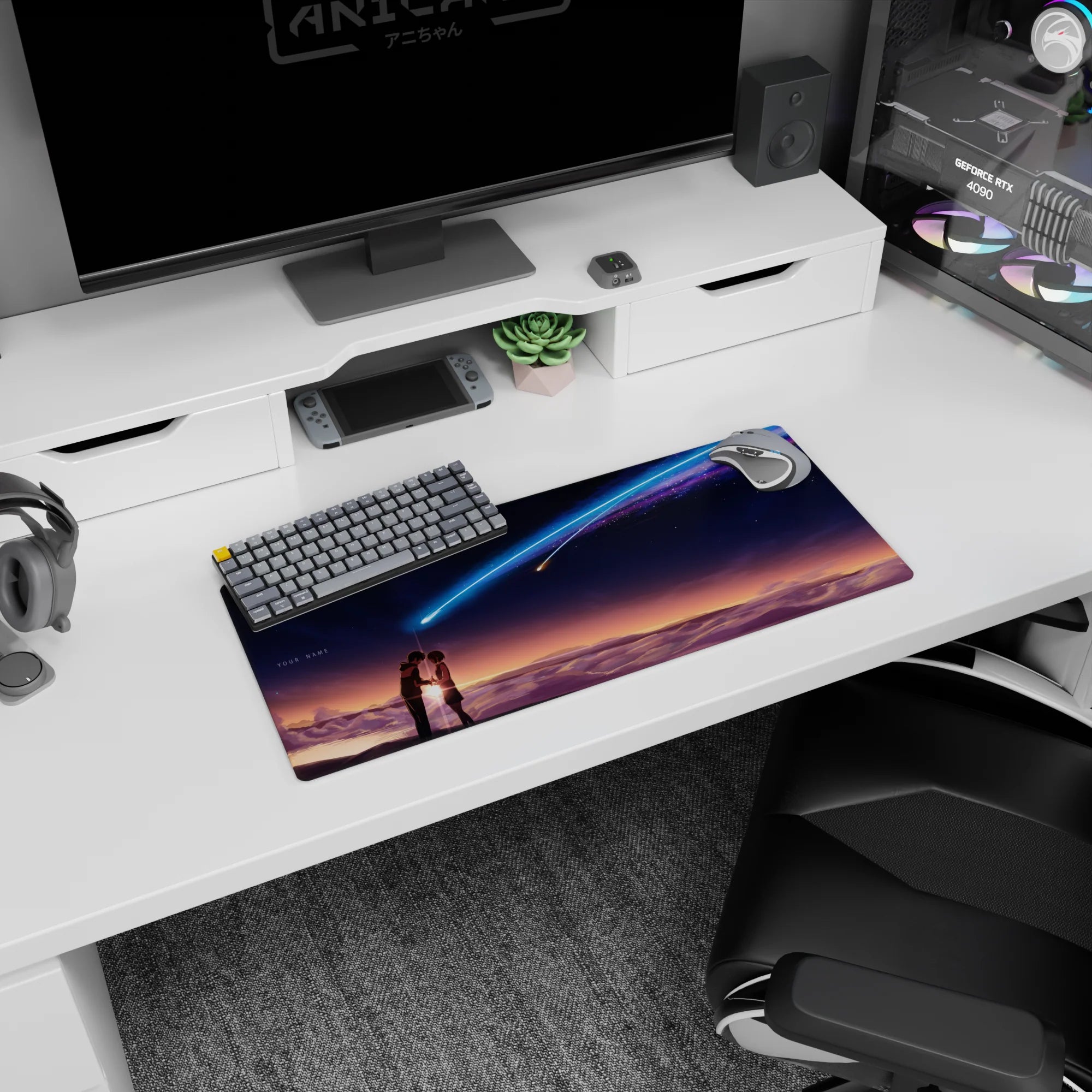 28x12 inches anime mouse pad showing two students leaning close as a bright comet streaks above painted wave clouds.
