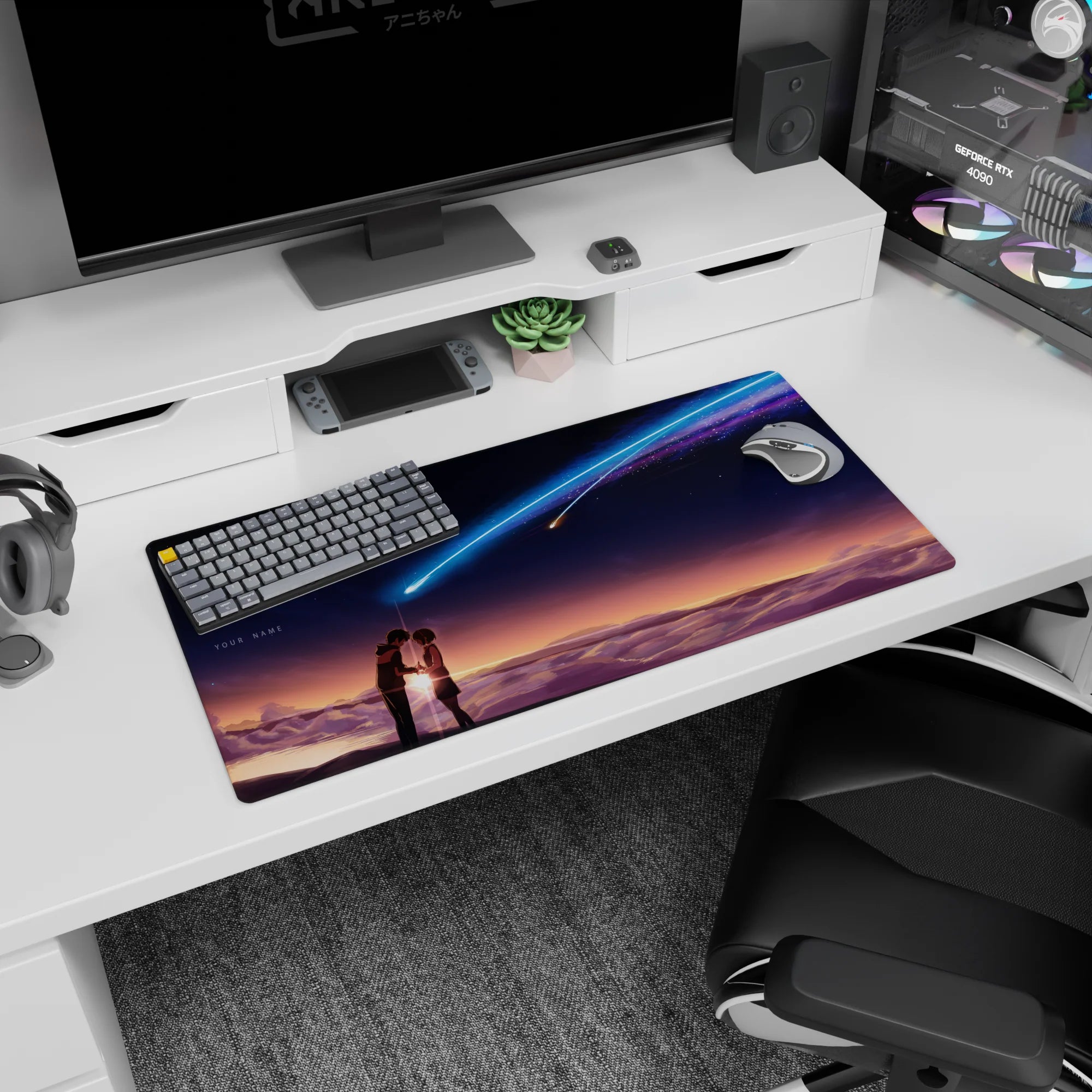 32x16 inches anime mouse pad showing two students leaning close as a blue-violet comet streaks above.