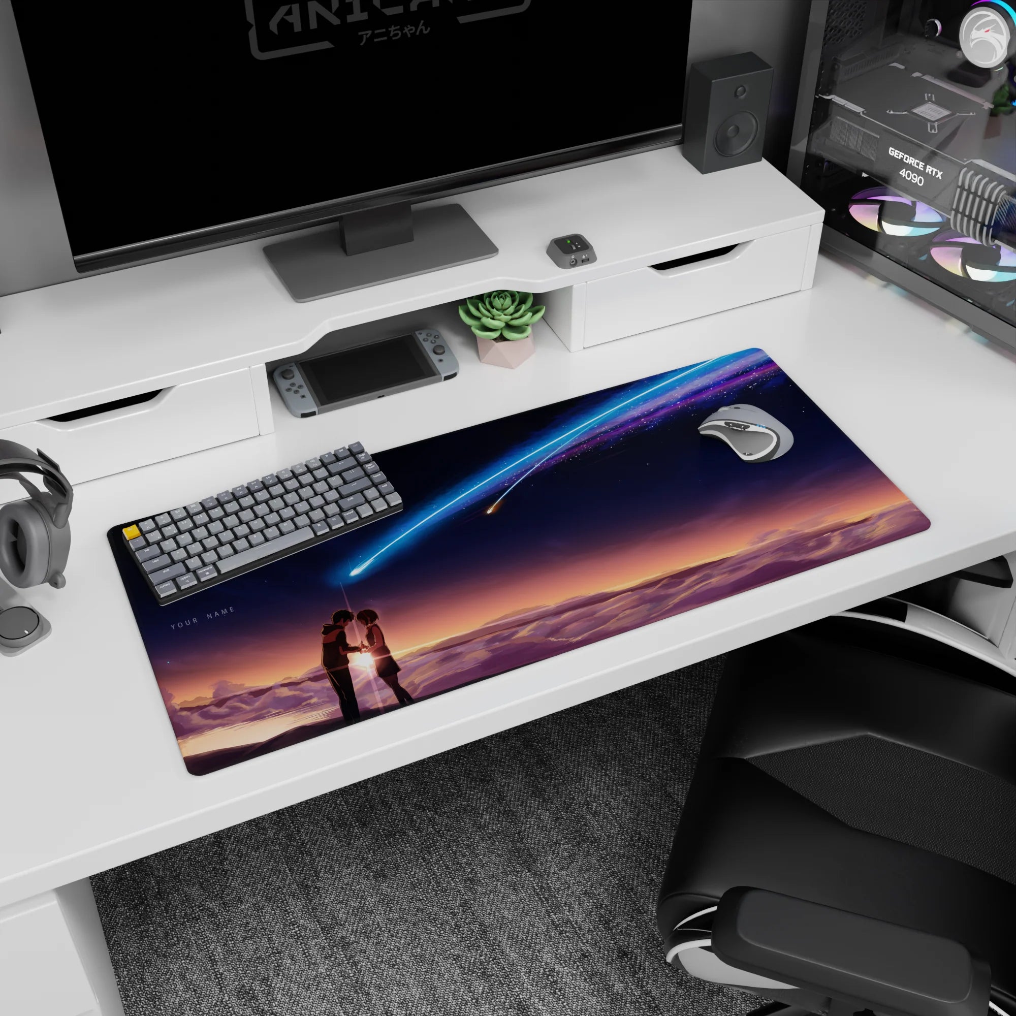 36x16 inches anime desk pad showing two students leaning close as a blue-violet comet streaks overhead.