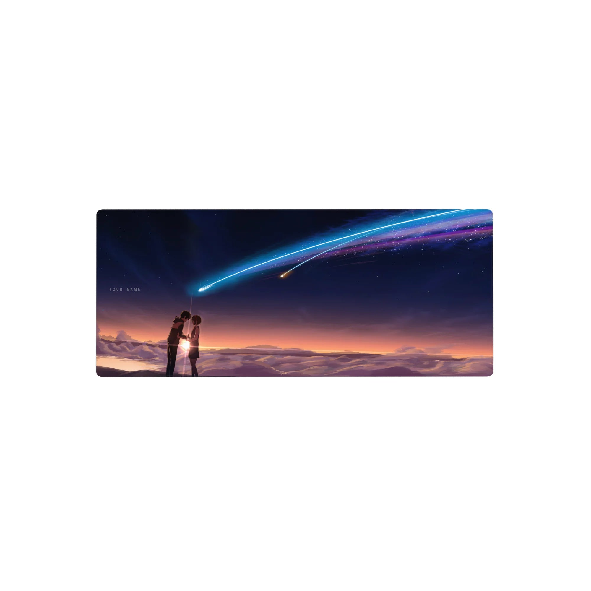 28x12 inches anime mouse pad with student couple under indigo sky and neon comet, cinematic horizon clouds.