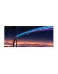 28x12 inches anime mouse pad with student couple under indigo sky and neon comet, cinematic horizon clouds.
