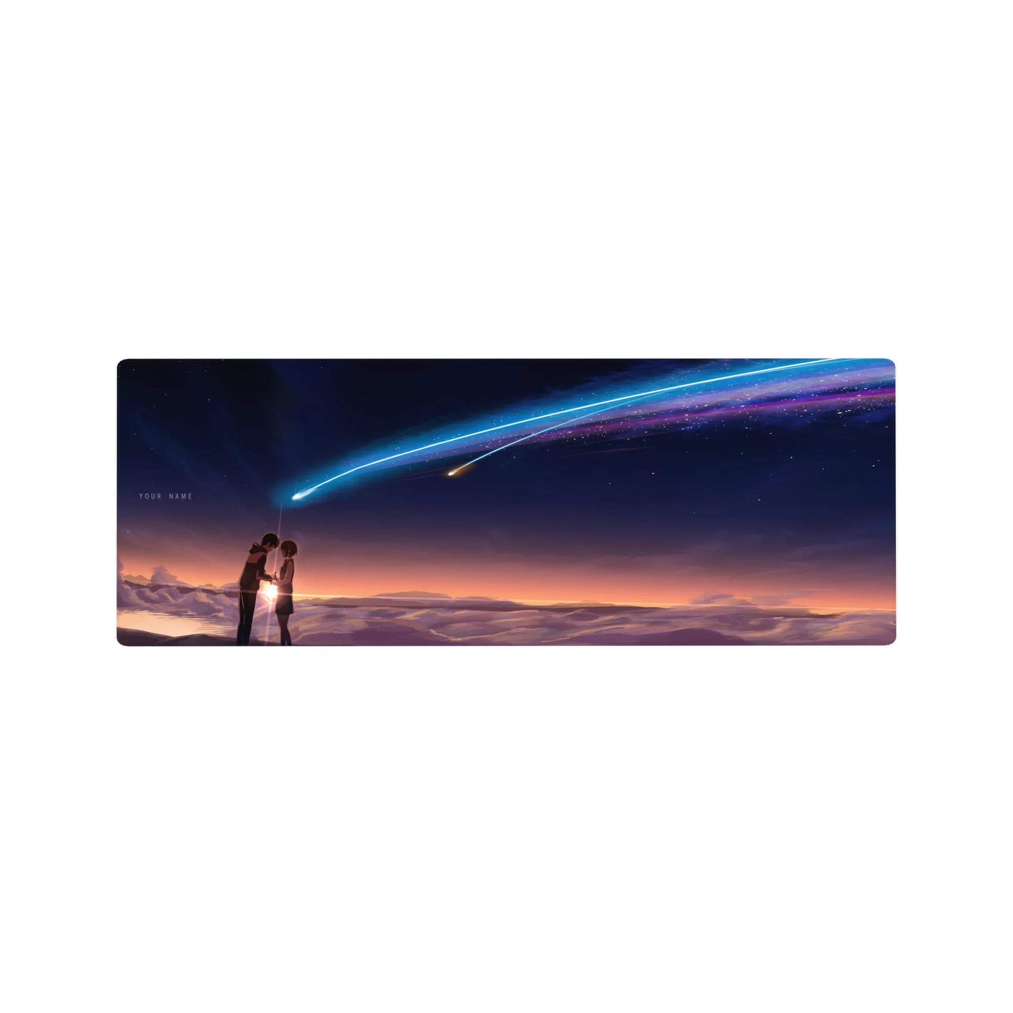 32x12 inches anime mouse pad with students under an indigo sky and a neon comet over sunset clouds.