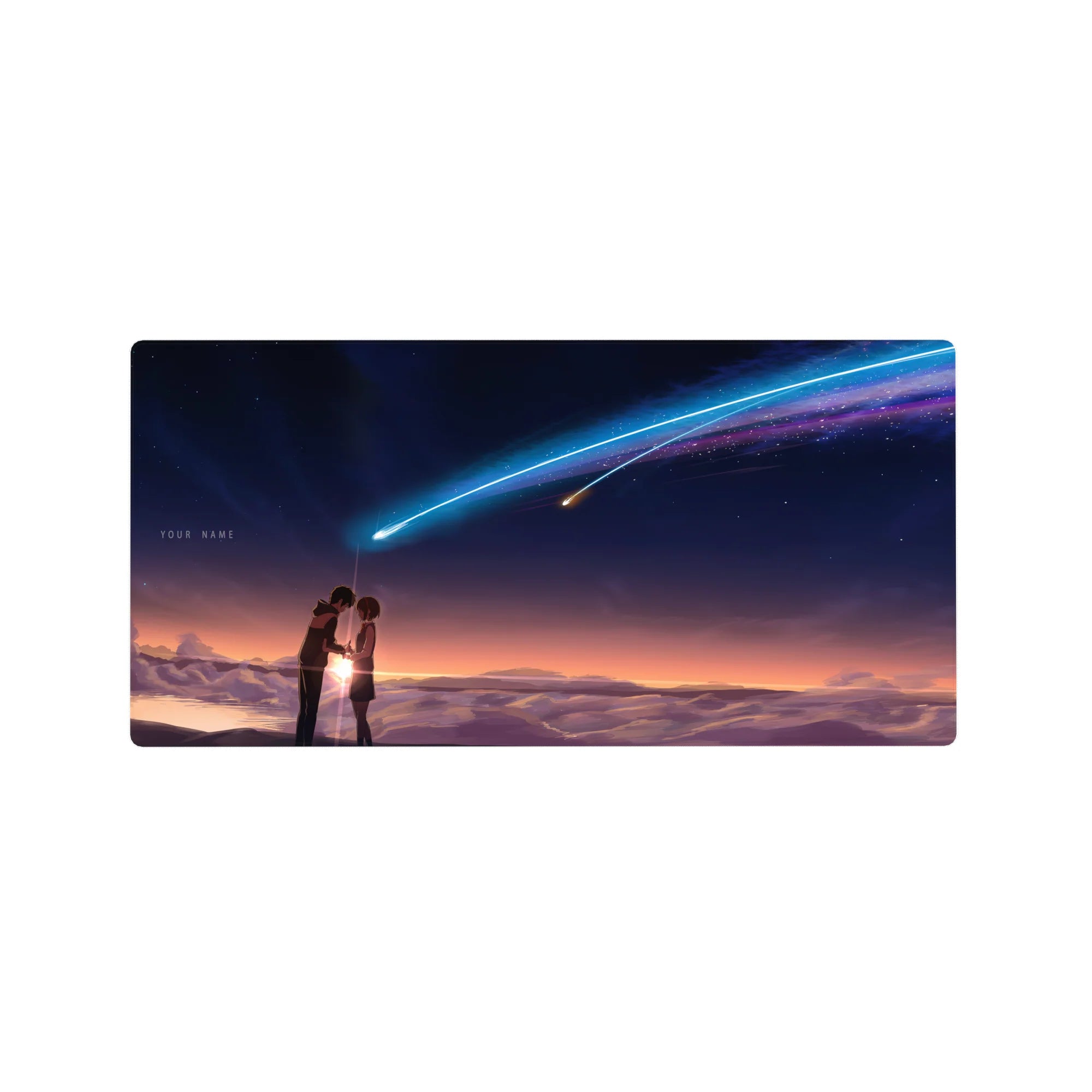 32x16 inches anime mouse pad with students under an indigo sky and a neon comet over painted clouds.