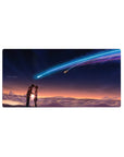 32x16 inches anime mouse pad with students under an indigo sky and a neon comet over painted clouds.