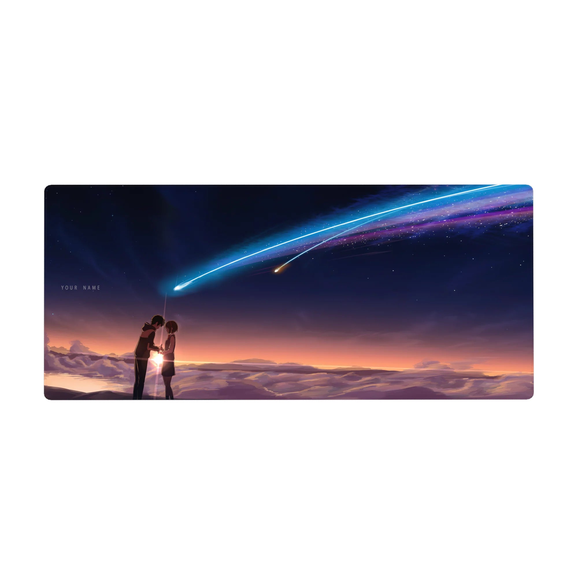 36x16 inches anime desk pad with student couple under indigo sky and neon comet, cinematic sunset horizon.