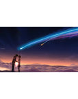 Anime desk pad 40x20 inches with student silhouettes under indigo sky and neon comet, sunset horizon clouds.
