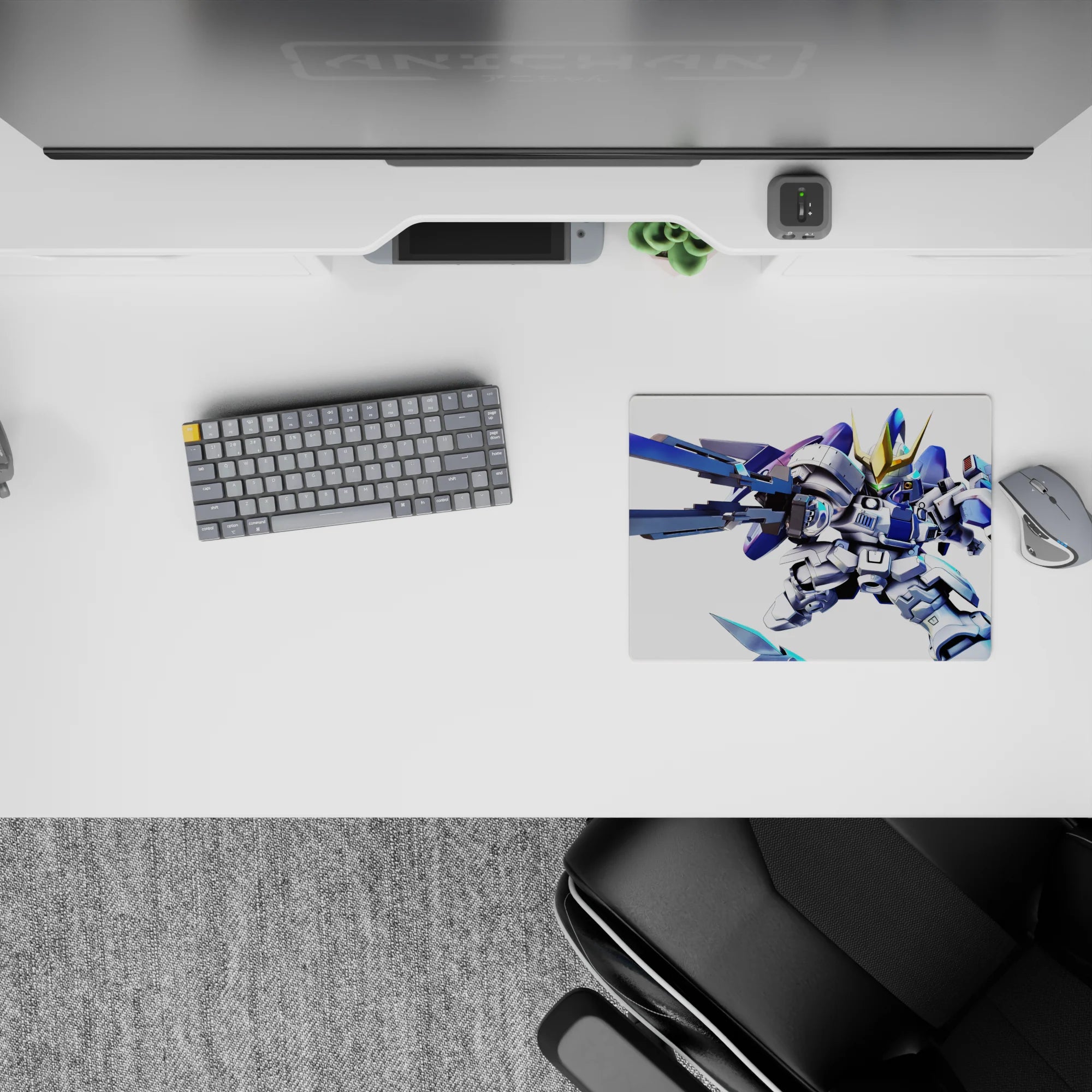 Electric blue and white anime mouse pad 14x10 inches with crisp print, bold gold accents, fearless vibe.