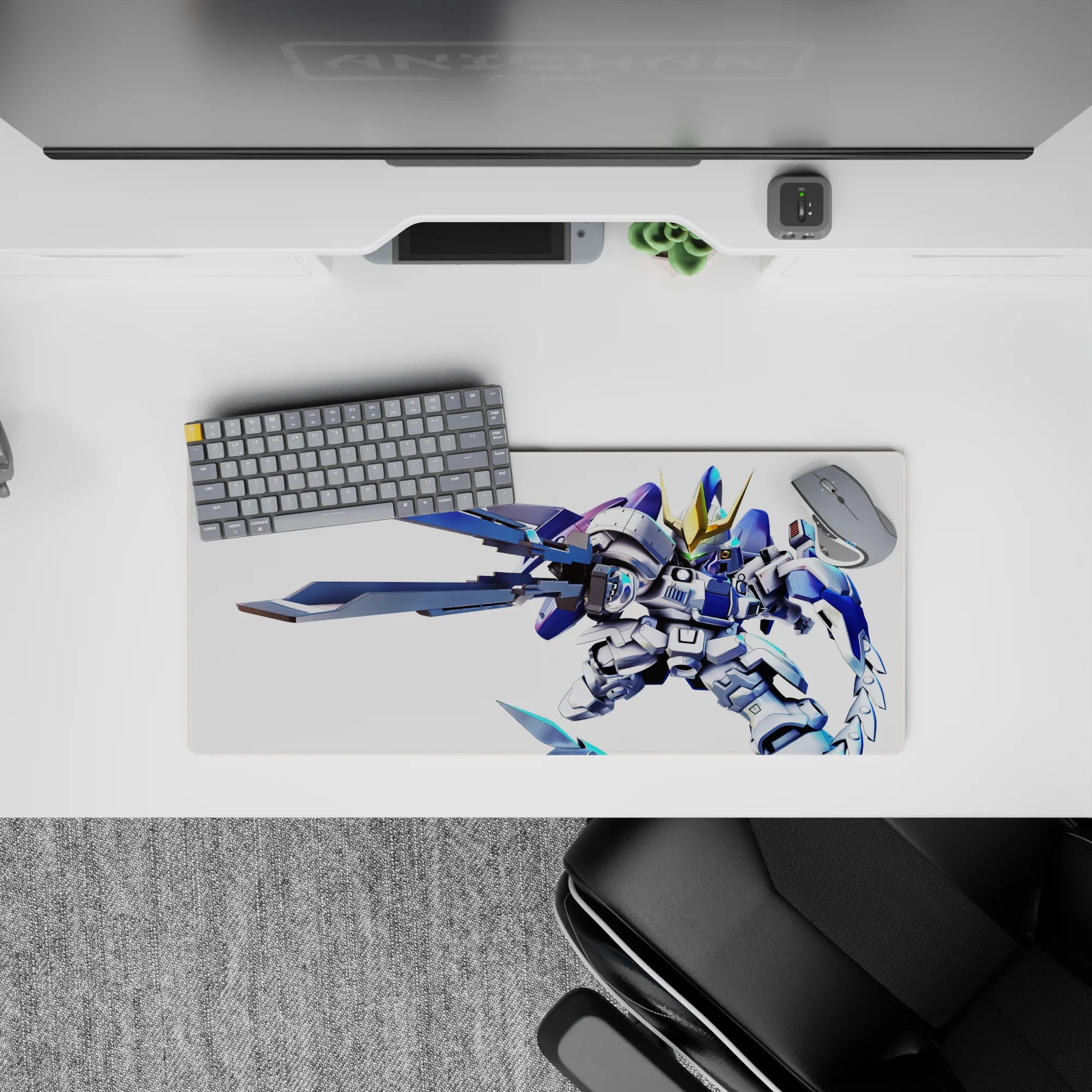 Electric blue and white anime mouse pad 28x12 inches with crisp gold accents and fearless vibe.