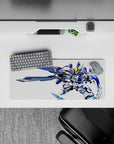 Electric blue and white anime mouse pad 28x12 inches with crisp gold accents and fearless vibe.