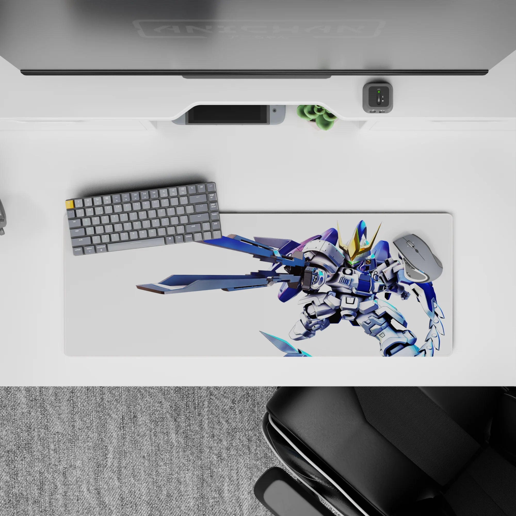 32x12 inches anime mouse pad in electric blue and white with bold gold accents, fast fearless vibe.