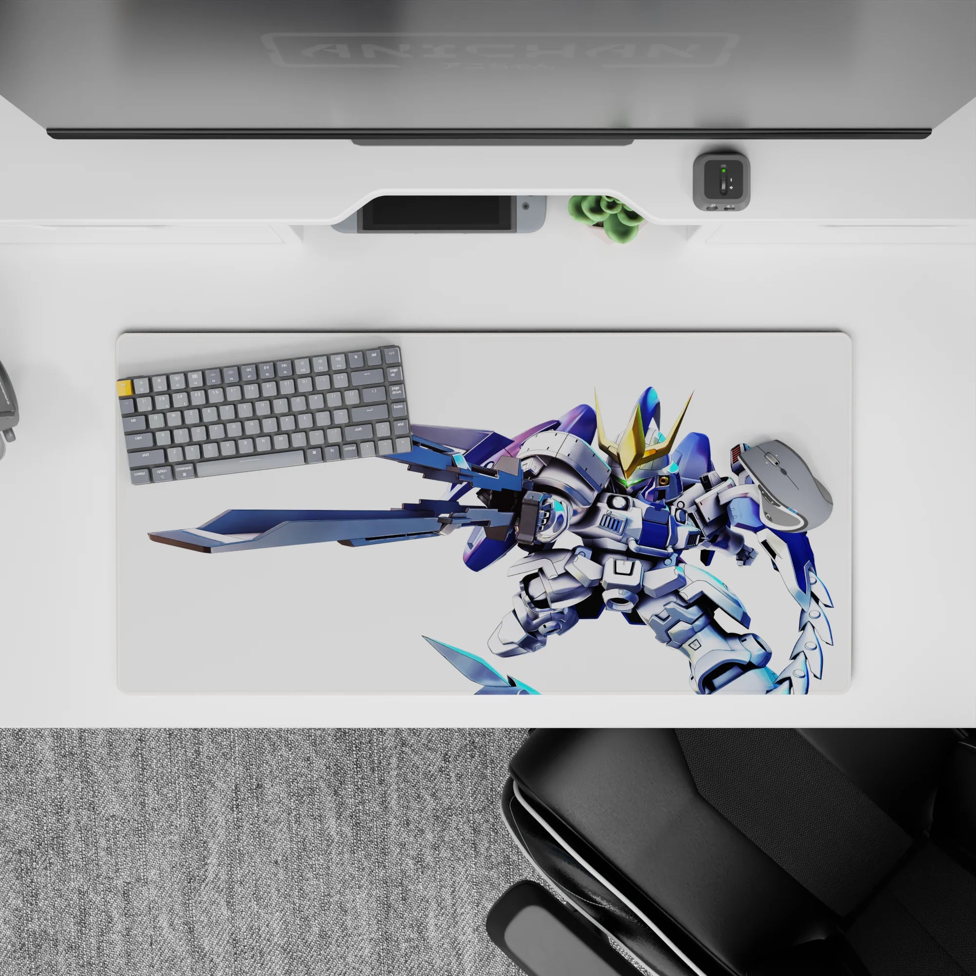 Electric blue and white anime mouse pad 32x16 inches, bold print with fearless action vibe.