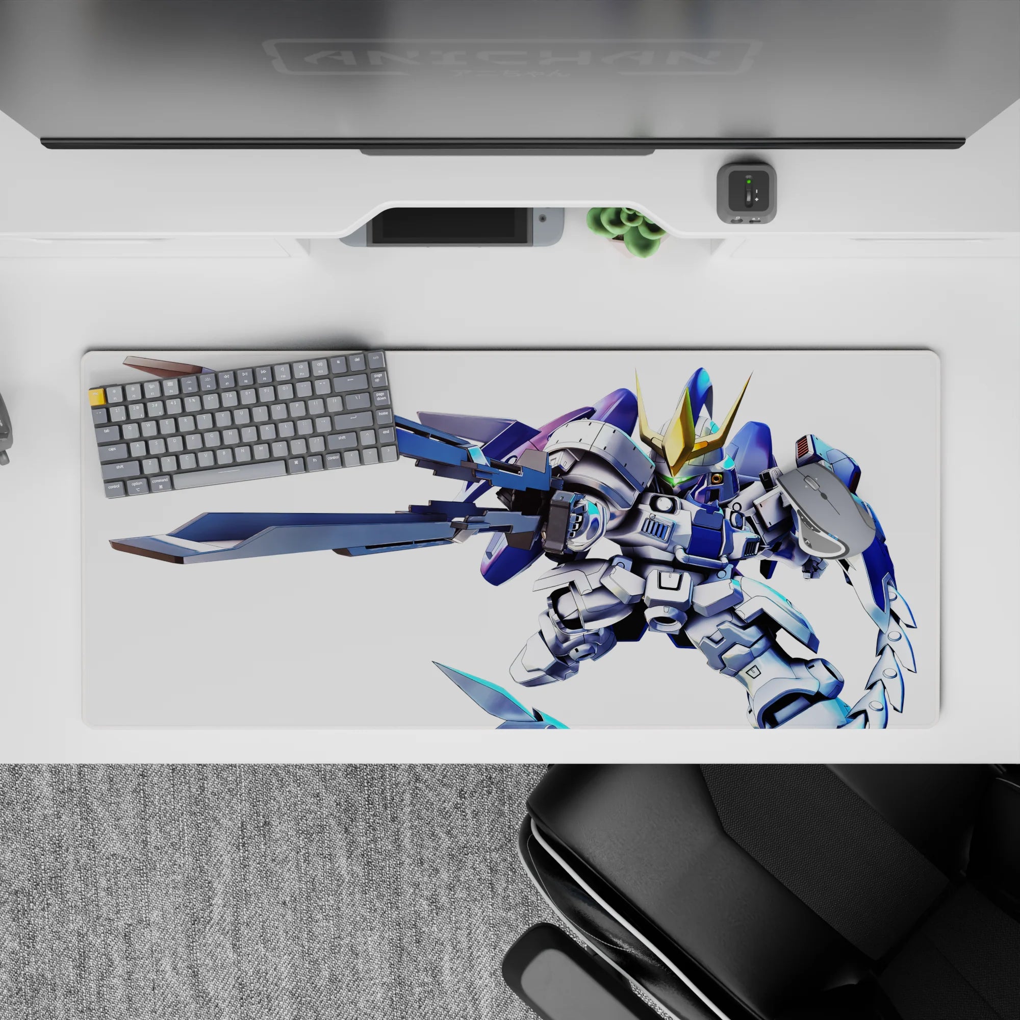 Electric blue and white anime desk pad with sharp gold details, bold fearless vibe, 36x16 inches.