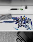 Electric blue and white anime desk pad with sharp gold details, bold fearless vibe, 36x16 inches.