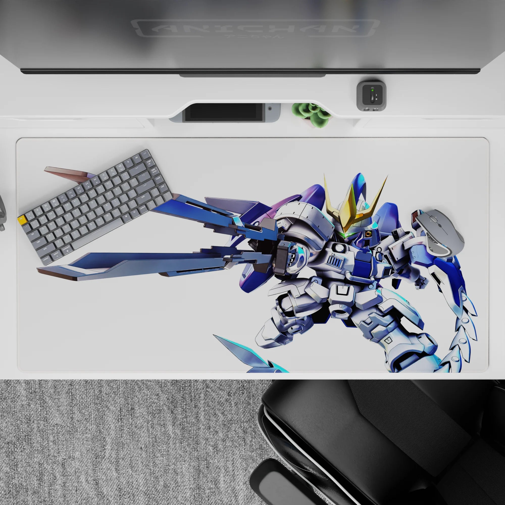 Electric blue and white anime desk pad 40x20 inches with gold horns, fast cute fearless vibe.